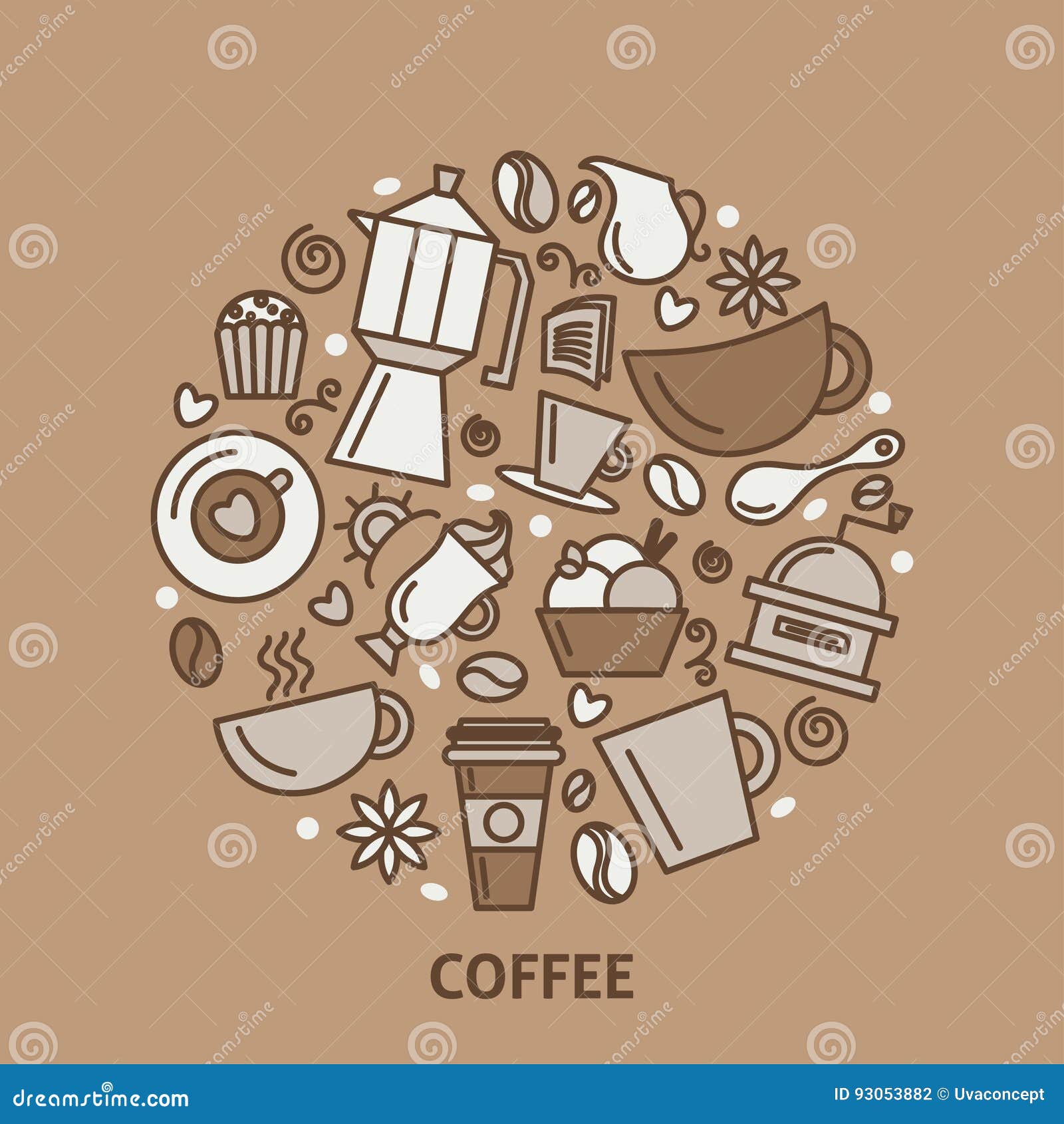 Set Of Coffee Theme. Line Art Draw Icons In The Circle. Vector