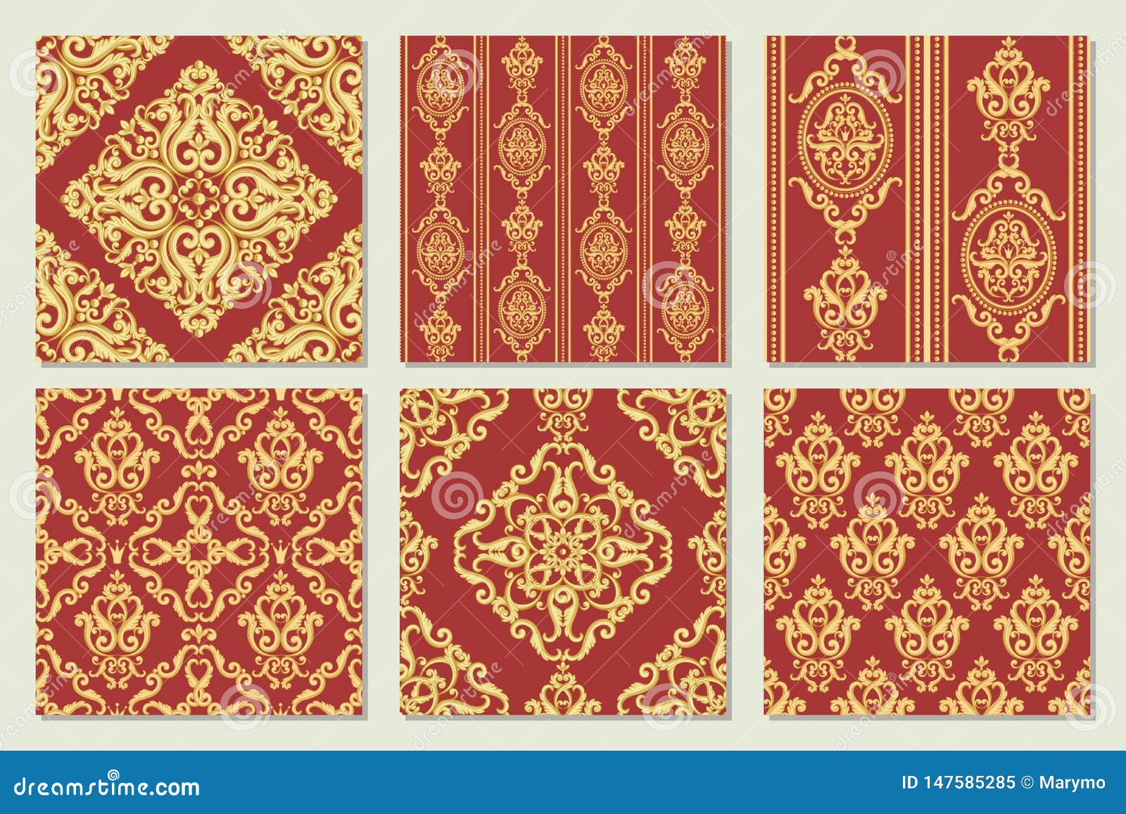 Set Collection of Seamless Damask Pattern. Gold and Red Texture Stock  Vector - Illustration of ornamental, luxury: 147585285