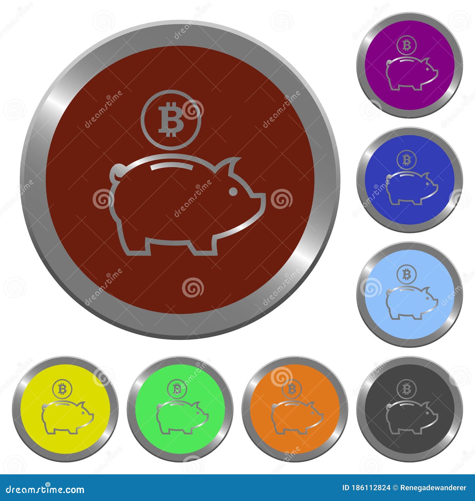 set of color glossy coin-like bitcoin piggy bank buttons