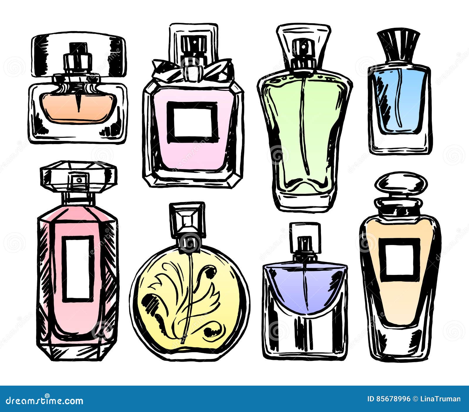 Set of Color Perfume Bottles. Sketch Style. Vector Illustration. Stock ...