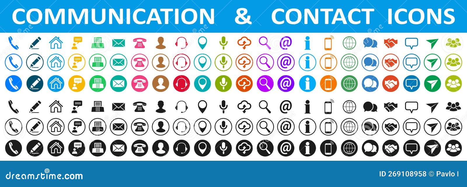 set colored and black contact icons, communication signs - 