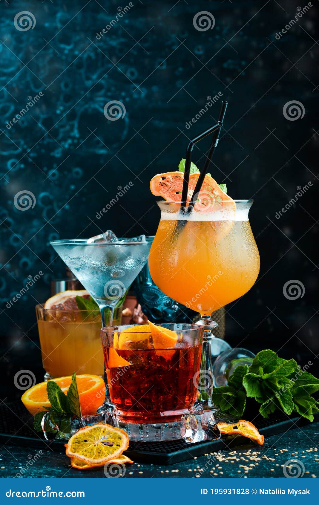 Set of Colored Cocktails in Glasses at the Bar. Stock Photo Image of