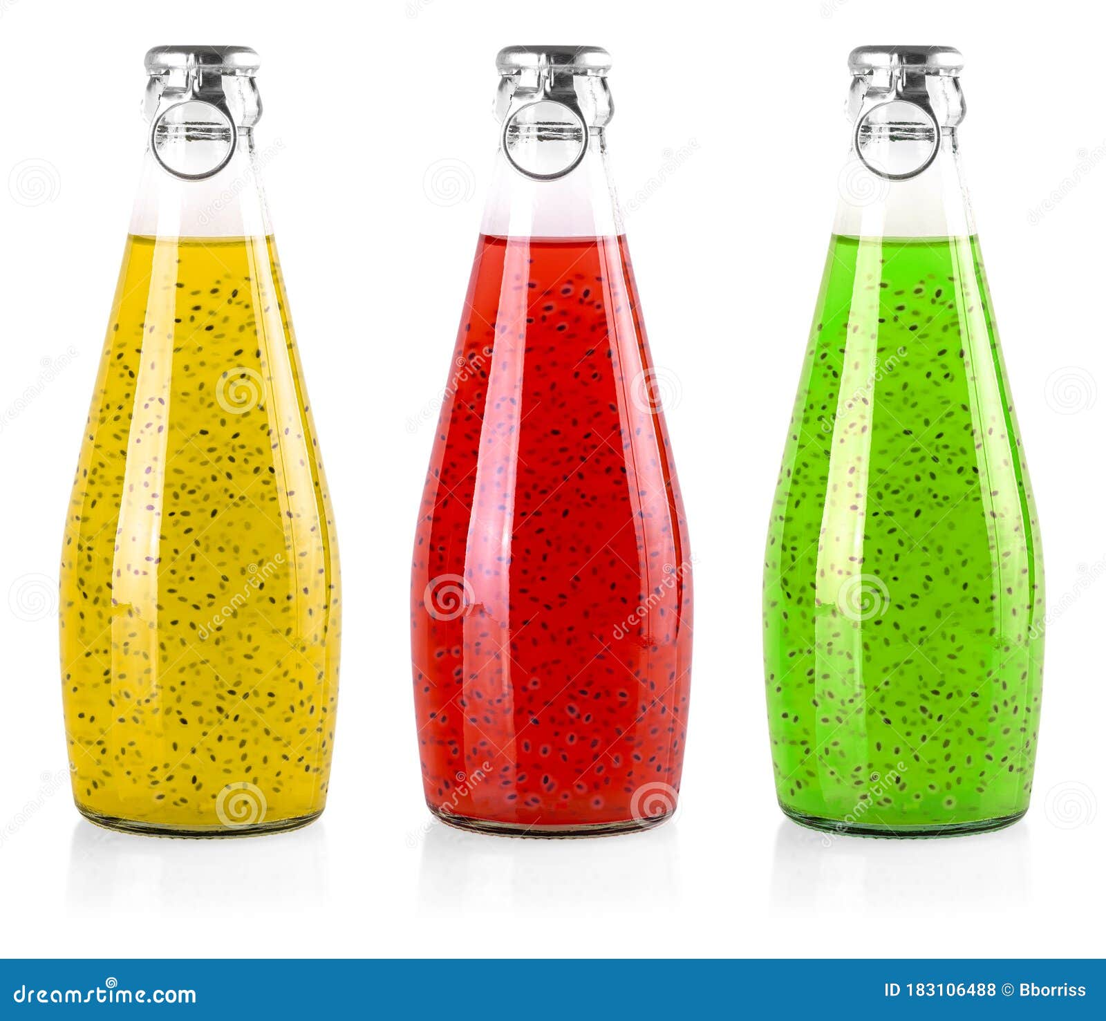 set of colored drinks or falooda seeds or tukmaria in bottles