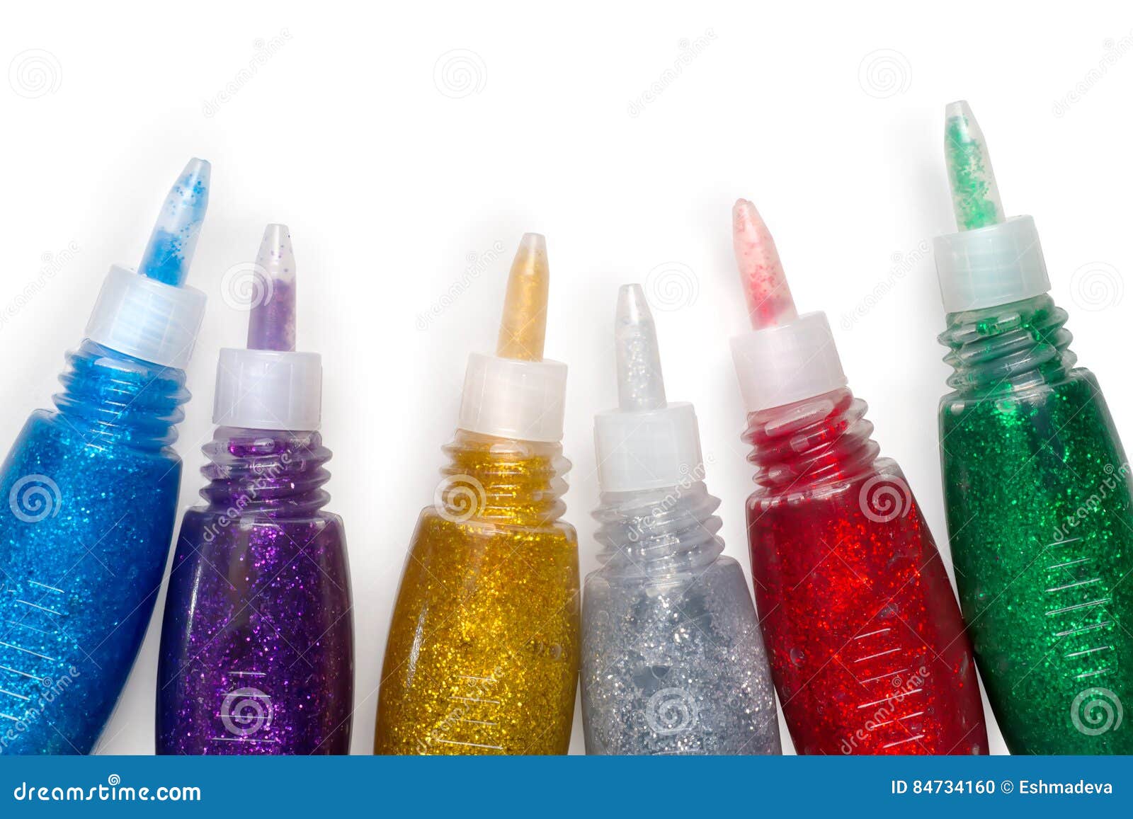 Set of Colored Glitter Glue Tubes on White with Path Stock Photo