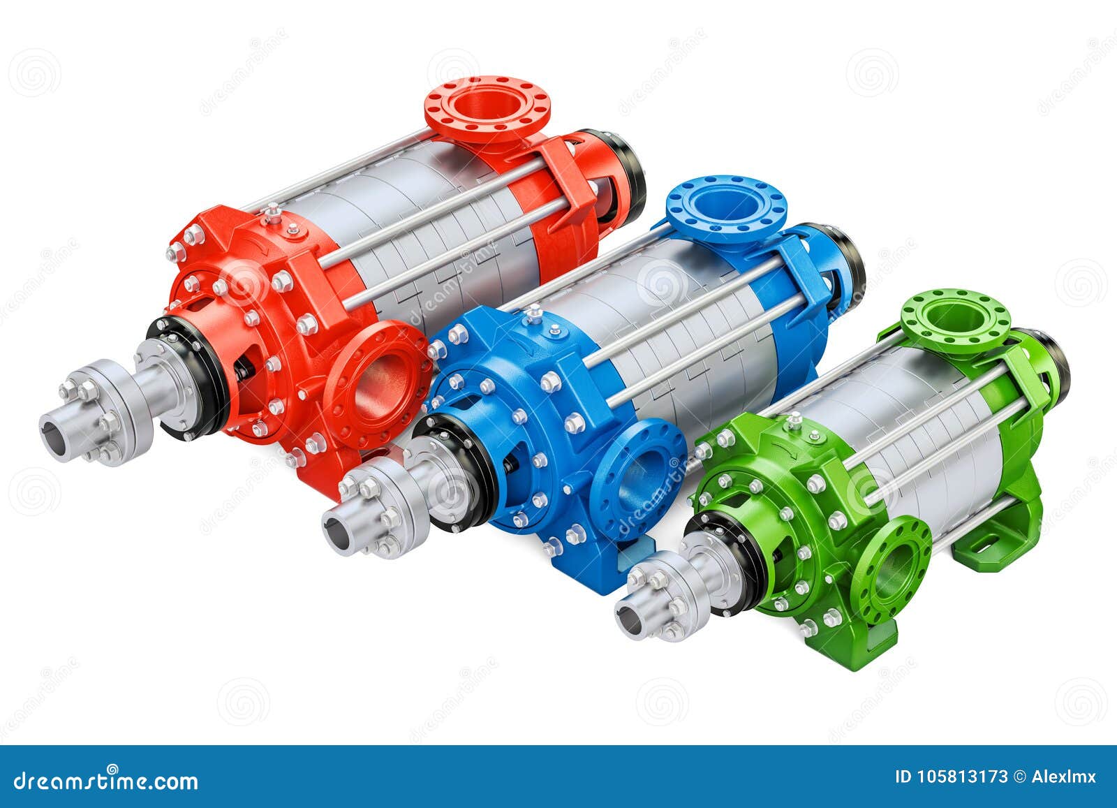 Set of Colored Horizontal Multistage Centrifugal Pump, 3D Render Stock