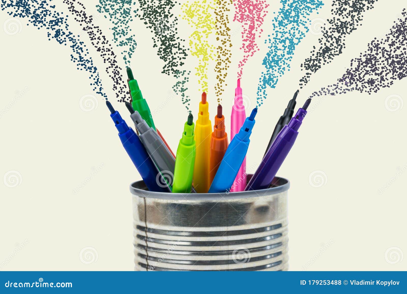 A set of neatly stacked colored markers on a wooden background