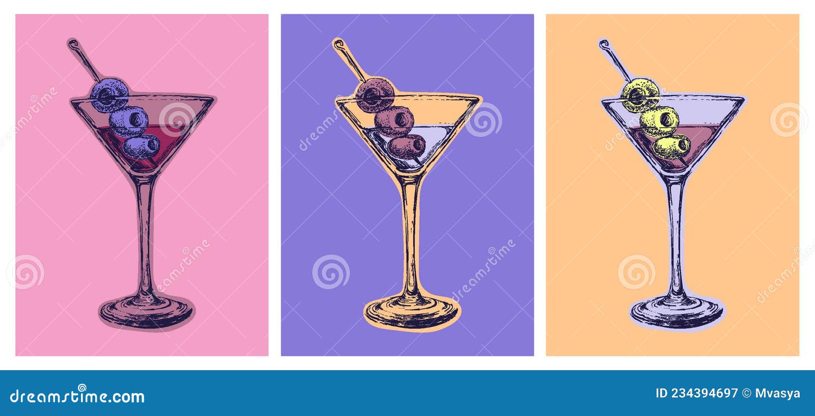 Set Of Colored Martini Cocktails With Olives Vector Illustration