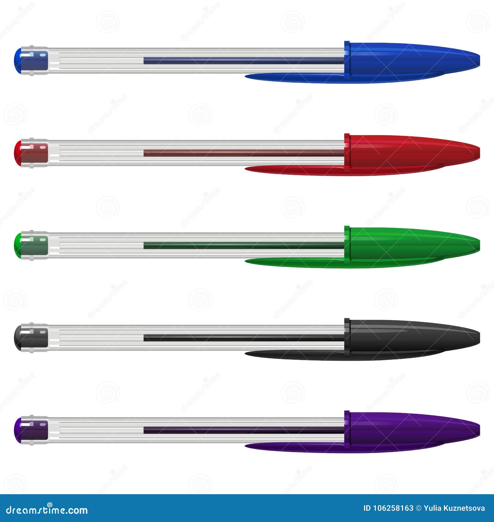 Set Of Colored Plastic Ballpoint Pens With Caps, In A Transparent