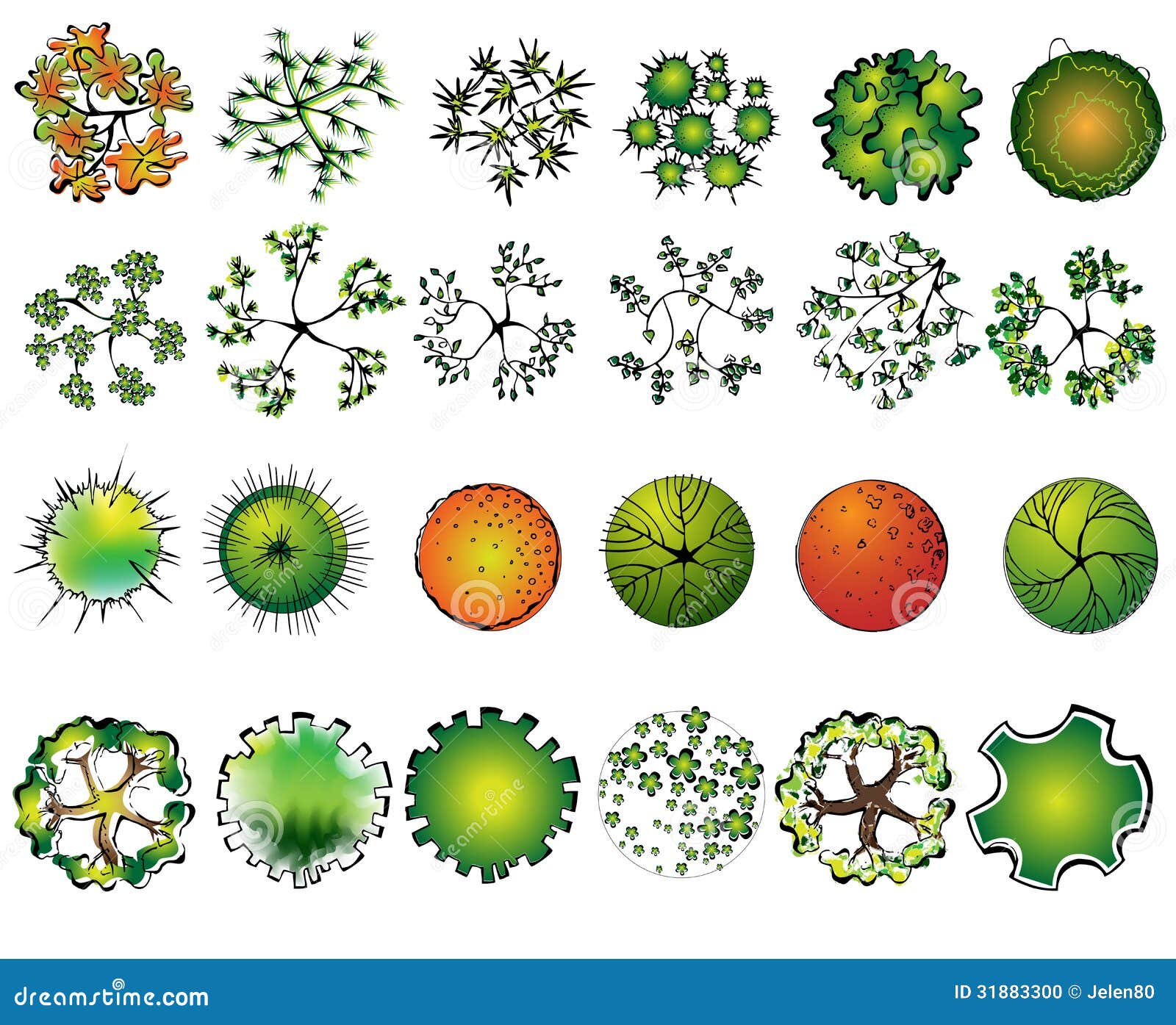 a set of colored treetop s