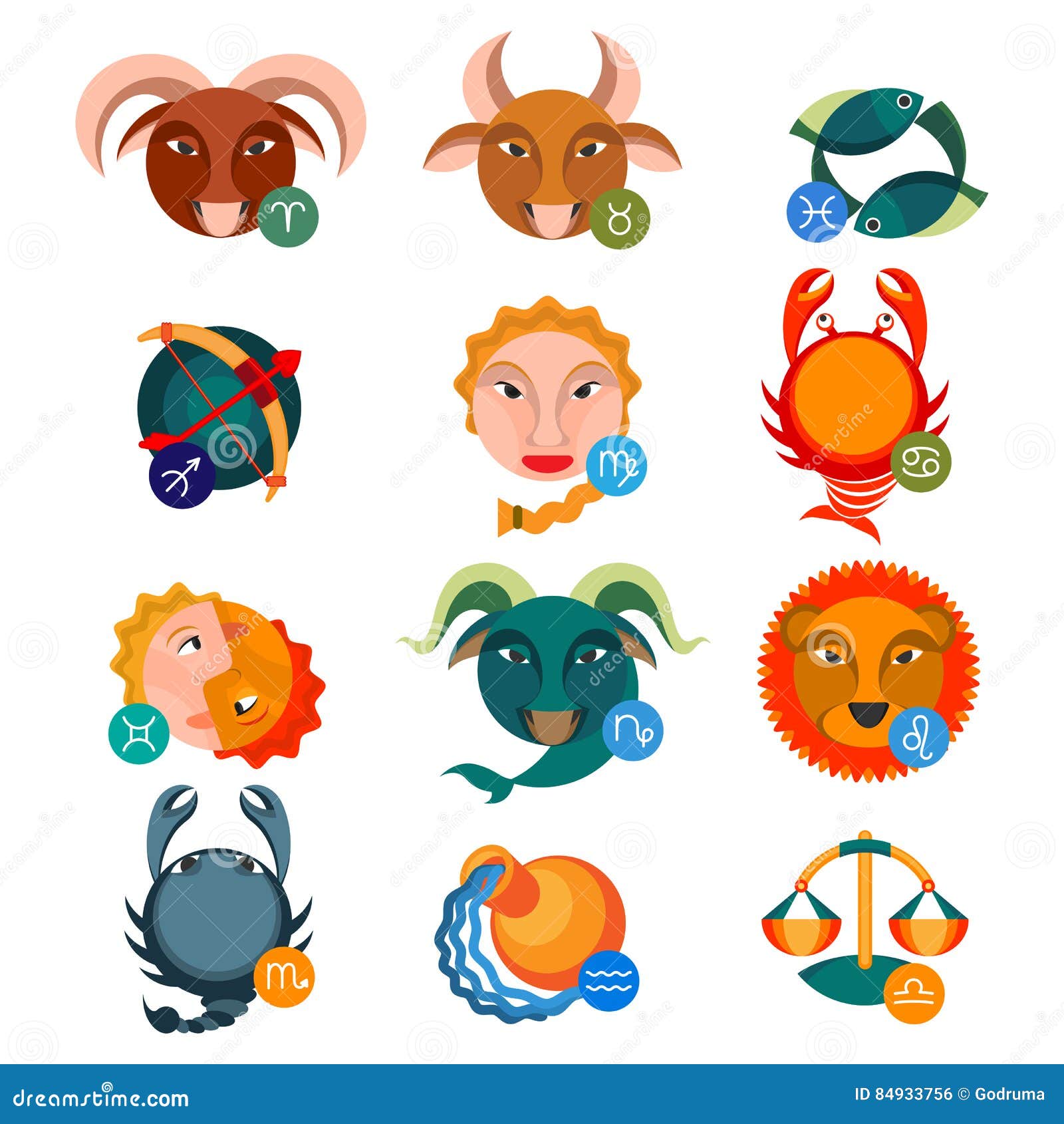 Set of Colorful Astrology Water, Air, Earth and Fire Signs. Stock