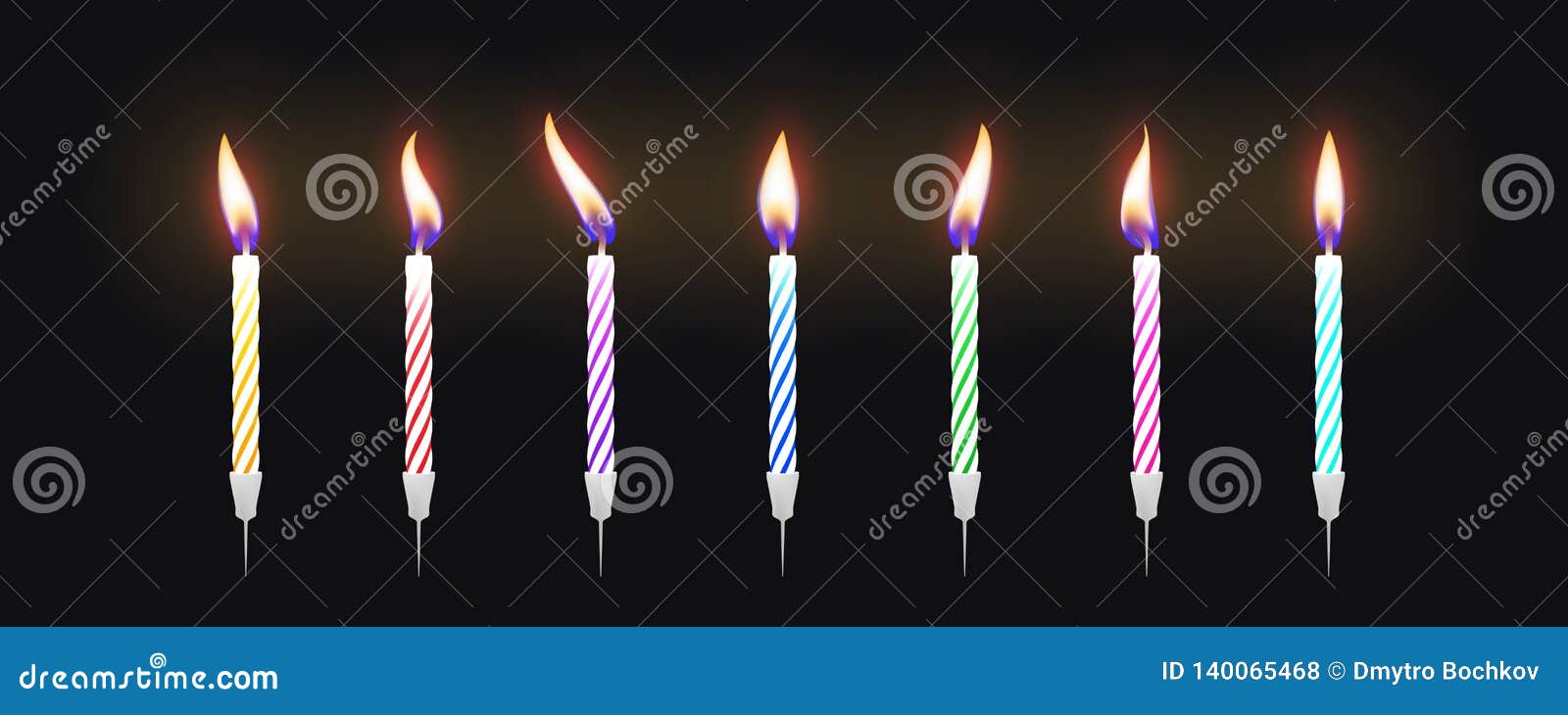 Set of Colorful Birthday Cake Candles with Burning Flames. Vector Stock
