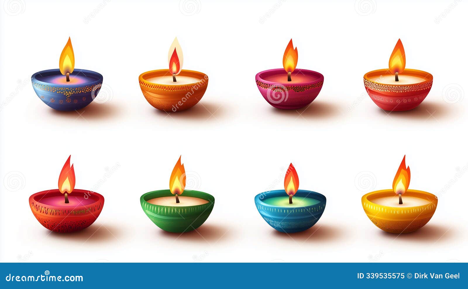 set of colorful diya lamps  on white background. greeting card  for one of the major religious festivals