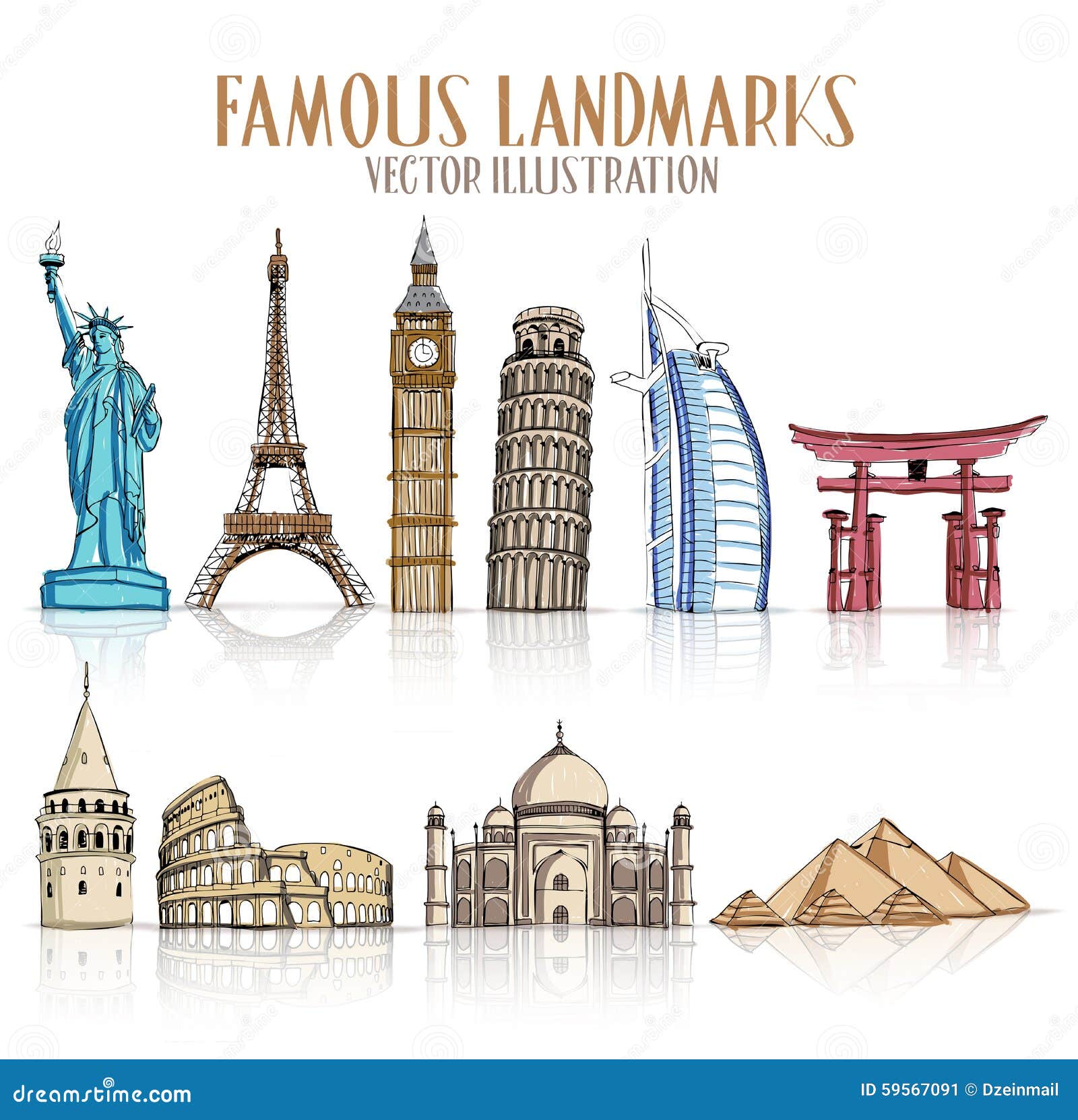 Set of Colorful Drawing of Famous and Popular Landmarks Stock Vector ...