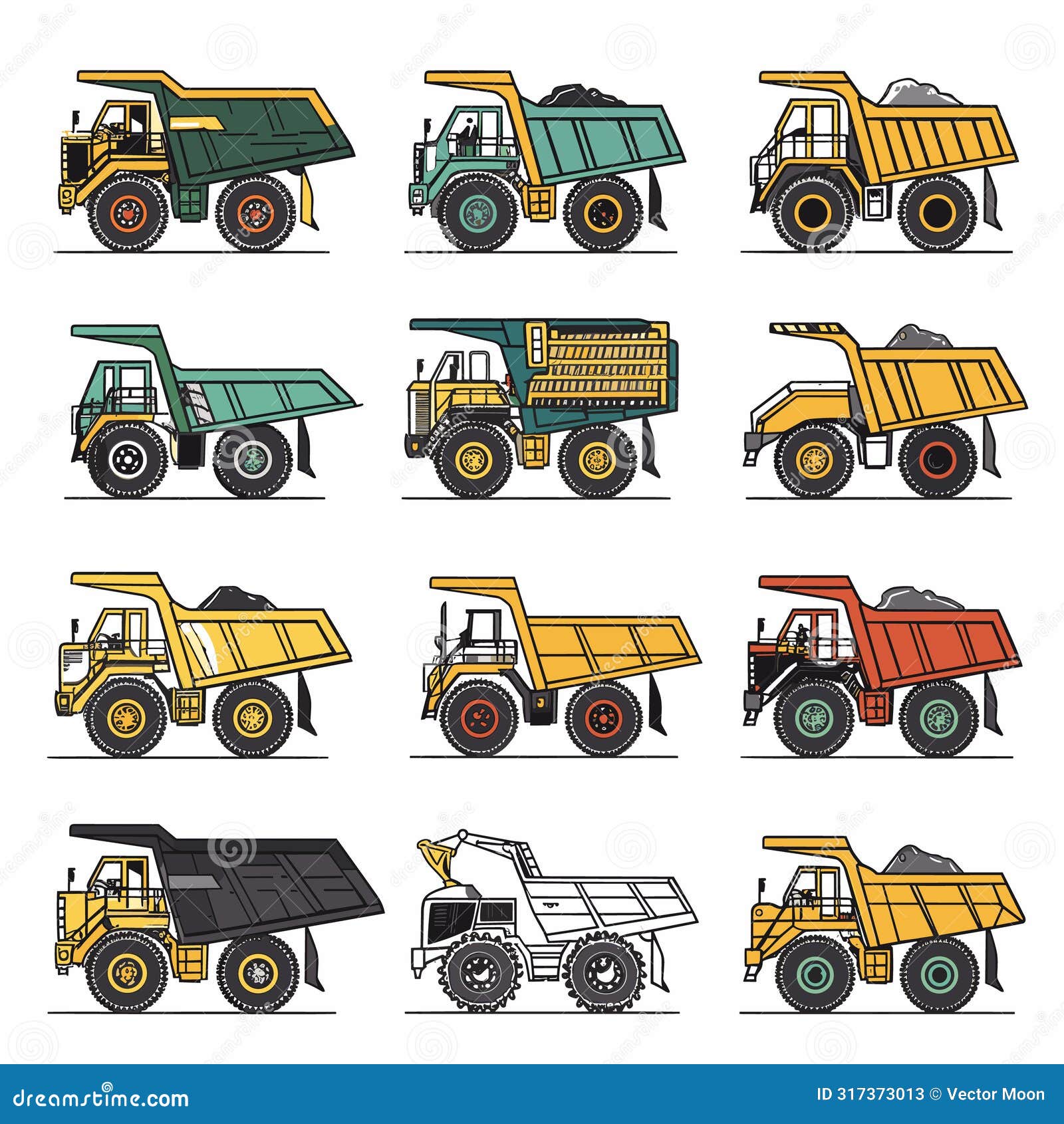 set colorful dump trucks various s. industrial mining equipment loads illustrated. heavy