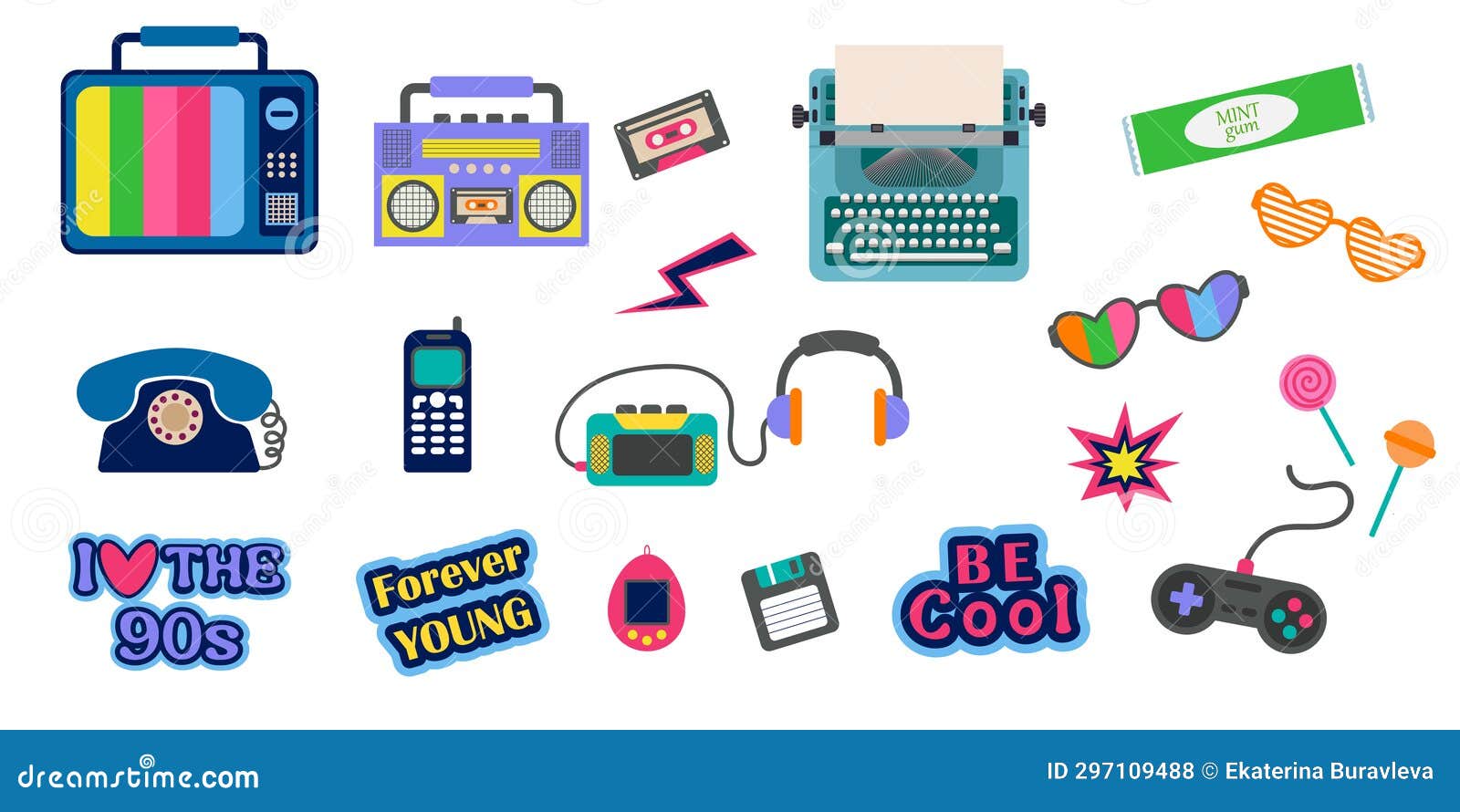 Set of Colorful Elements 80s 90s, Retro Style, Nostalgic Items. Vector ...