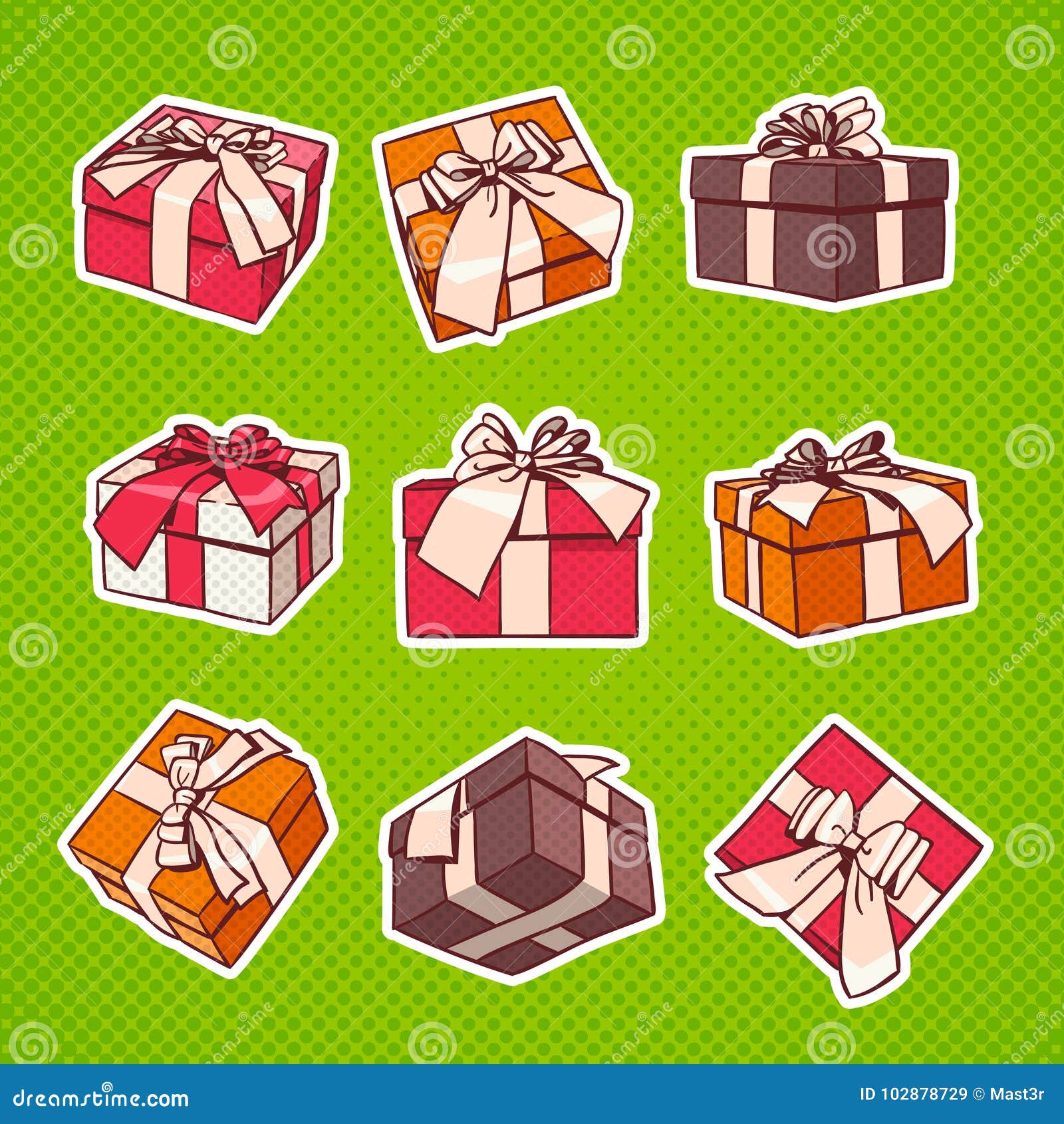 set of colorful gift box pop art retro style of presents with ribbon and bow on dots background