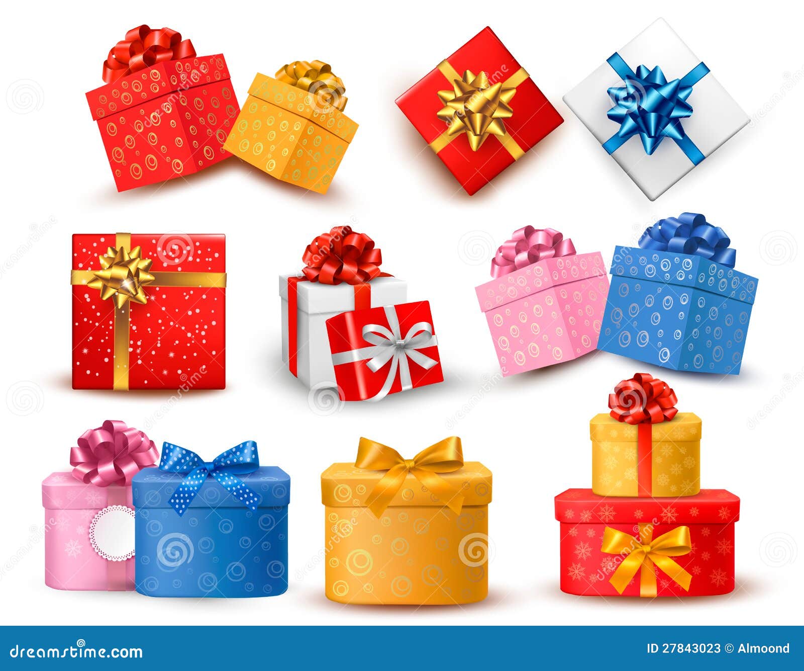 Set of Colorful Gift Boxes with Bows and Ribbons. Stock Vector