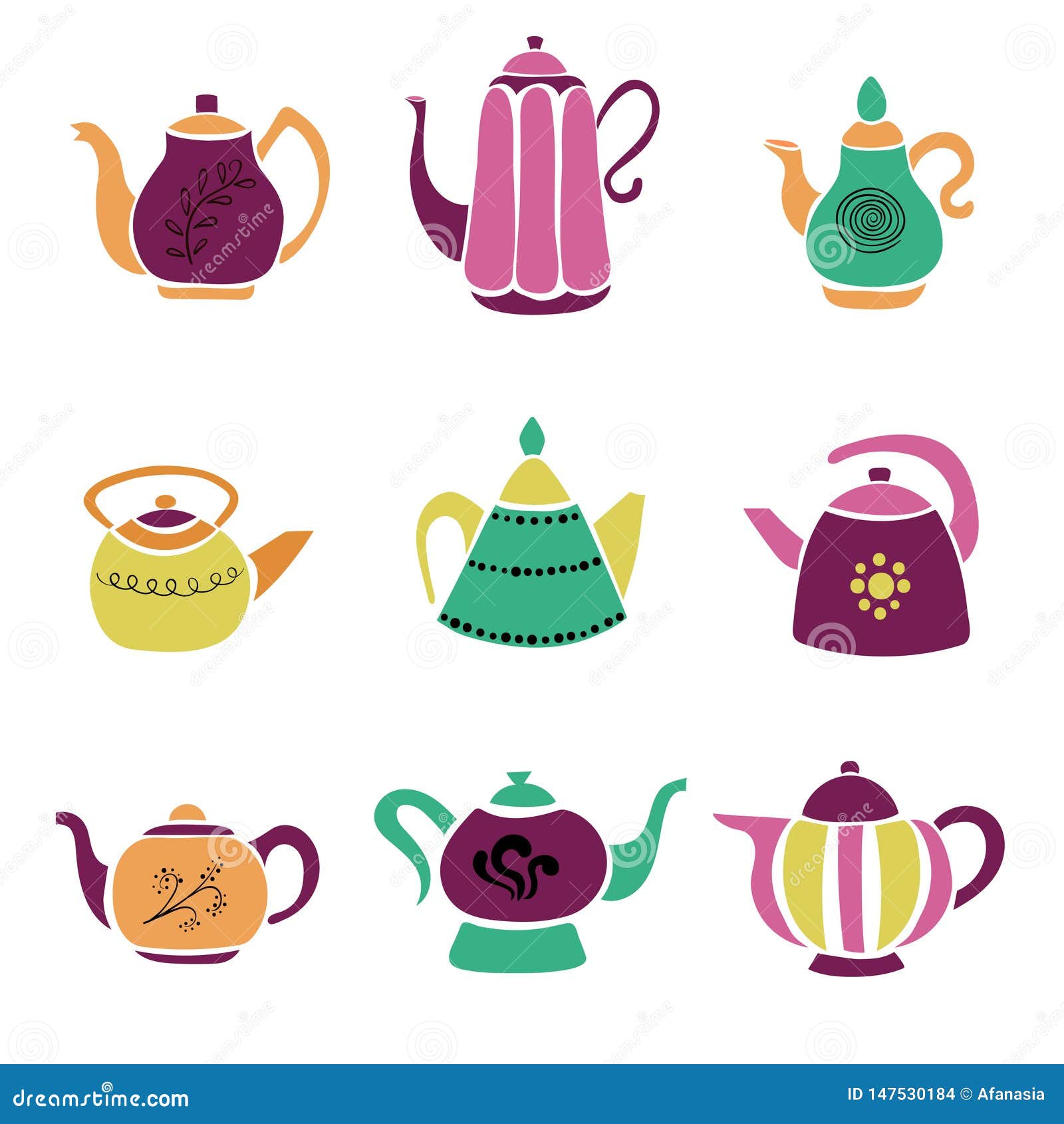 Set of Colorful Hand Drawn Teapots Stock Vector Illustration of