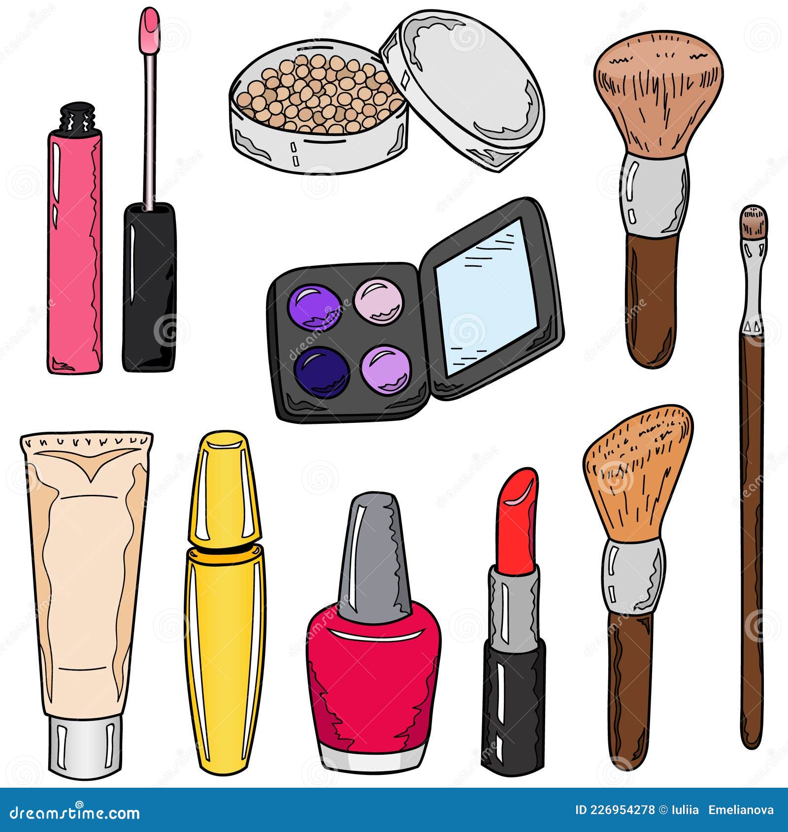 Set of Colorful Makeup Items. Hand Drawing. Vector Illustration in Cartoon  Style. Stock Vector - Illustration of colorful, powder: 226954278
