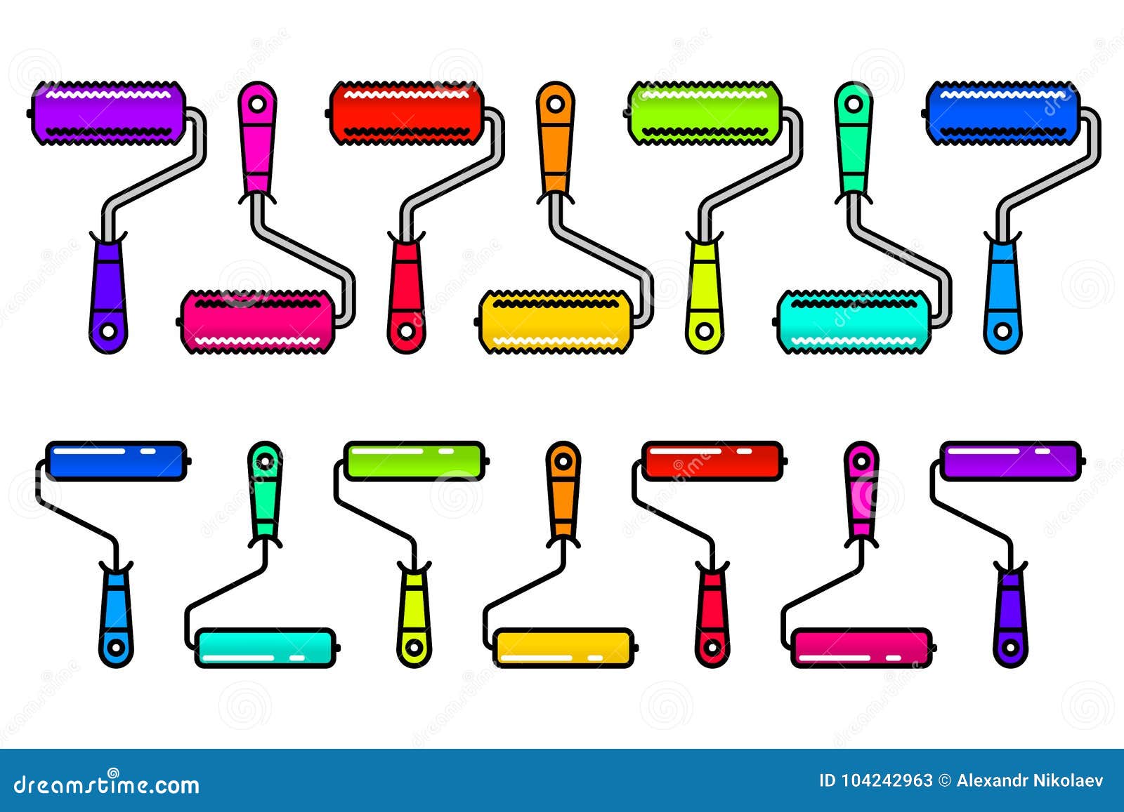 Set of Colorful Paint Rollers Linear Illustration of Multicolored