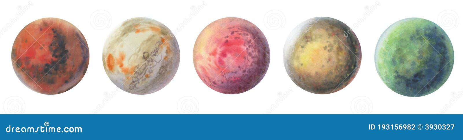 Set of colorful planets isolated on white background. Watercolor