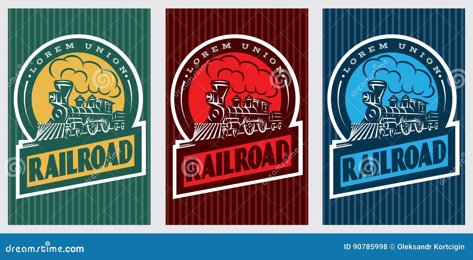 a set of colorful retro posters with a vintage locomotive