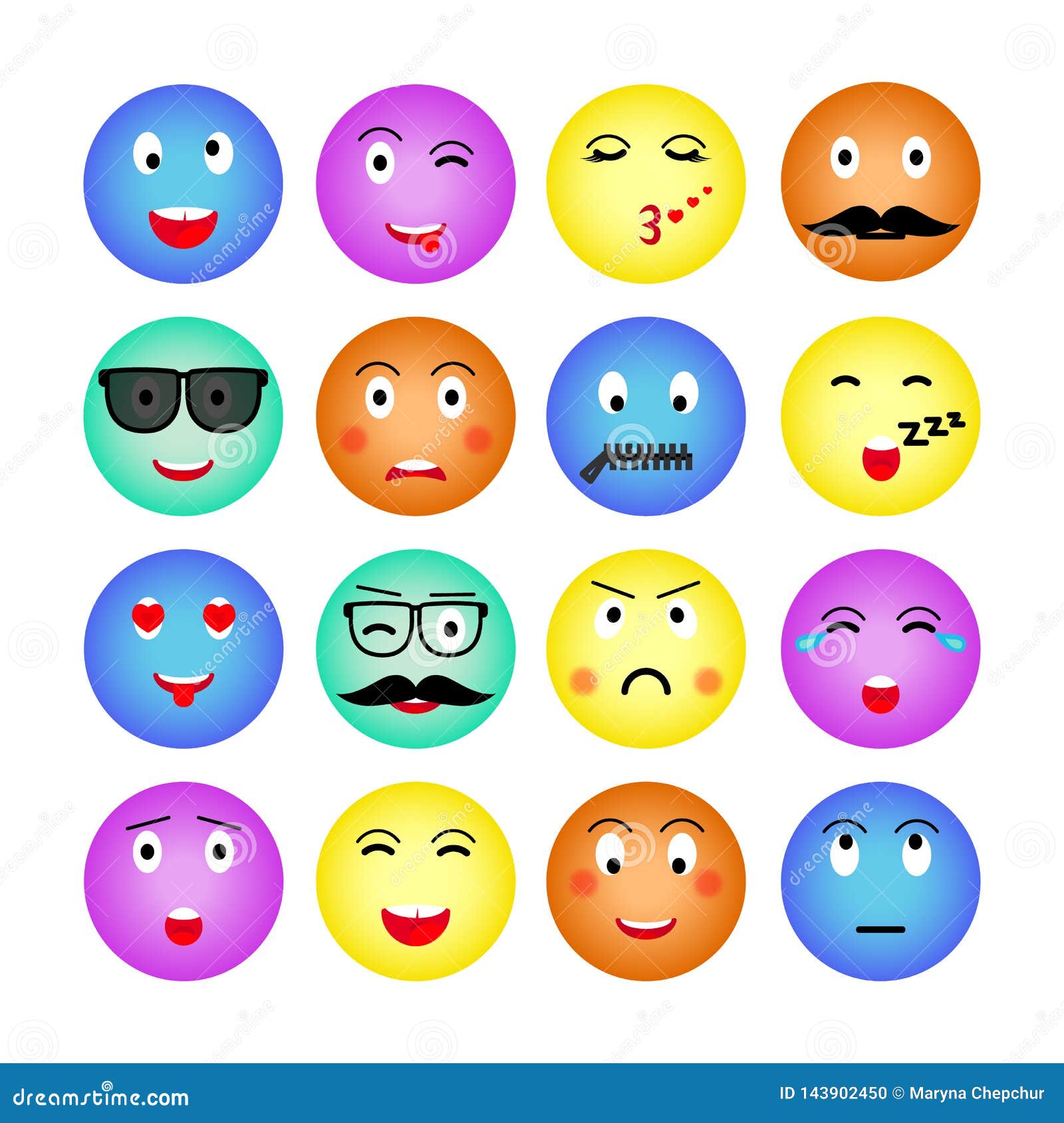 Set of Colorful Round Emojis. Isolated on White Background. Emoticon ...