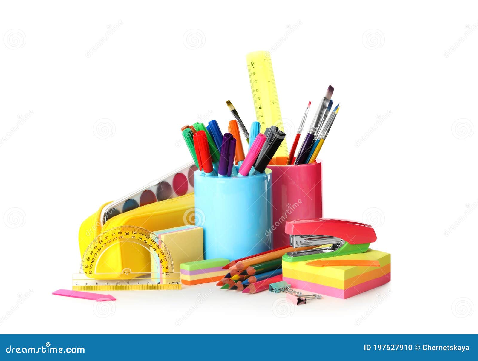 Set of Colorful School Stationery on White Background Stock Photo