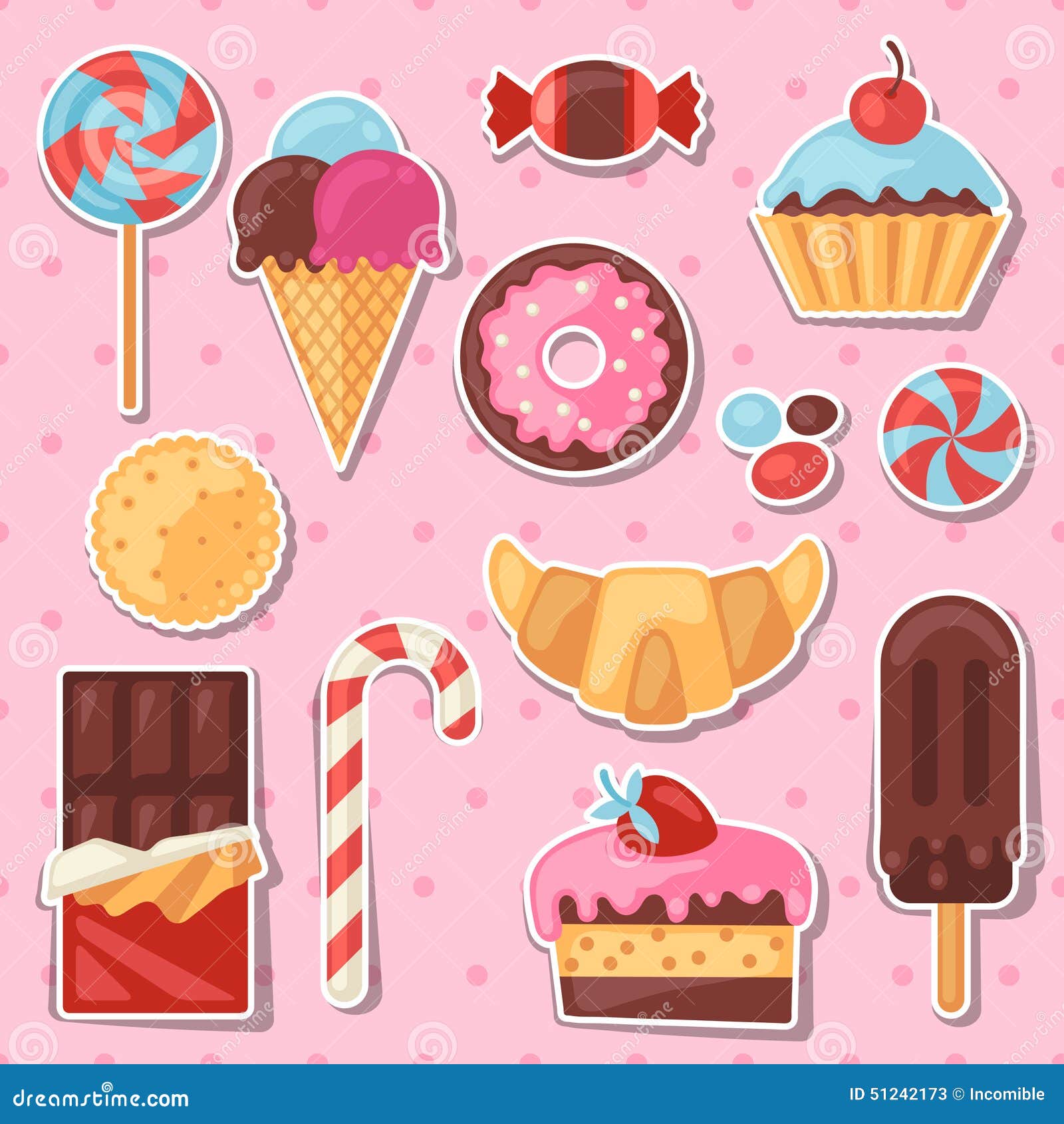 Set of Colorful Sticker Candy, Sweets and Cakes Stock Vector