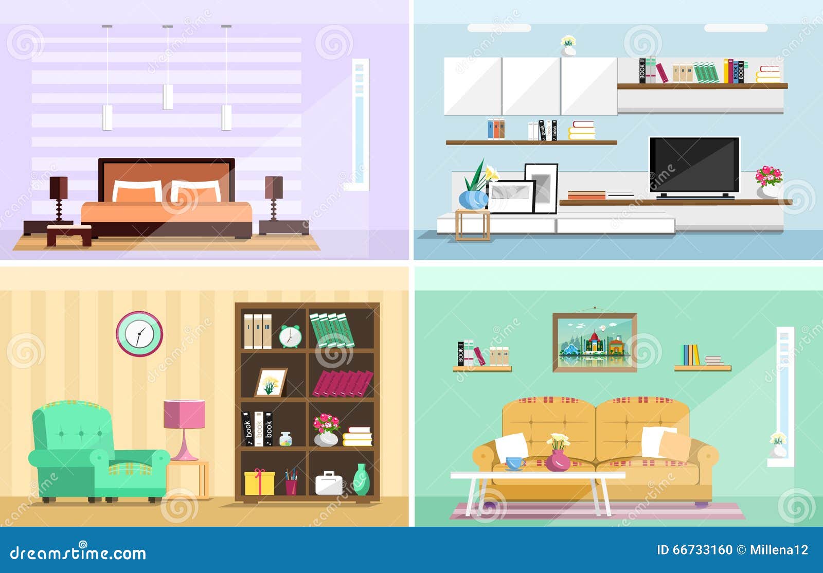 set of colorful  interior  house rooms with furniture icons: living room, bedroom. flat style.