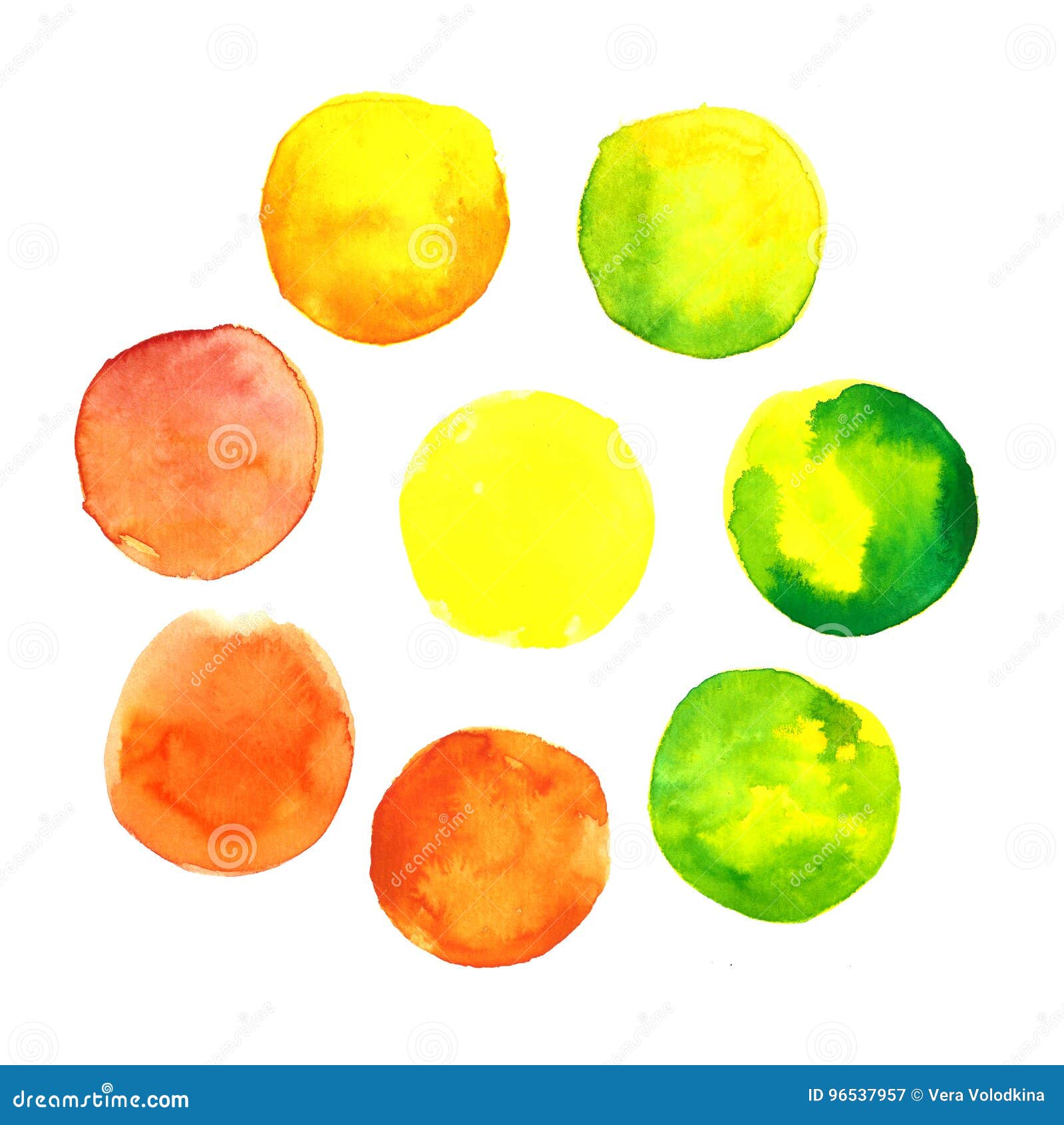 Set of colorful yellow, orange and green hand drawn watercolor spots, circles isolated on white background.