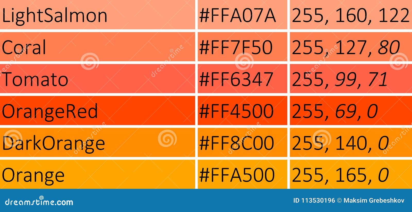 Shades Of Orange Color Chart