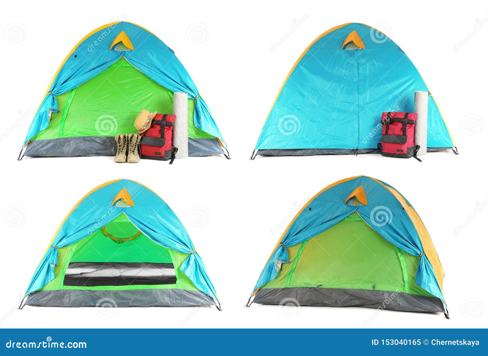 Set of Comfortable Tents and Different Camping Equipment Stock Image