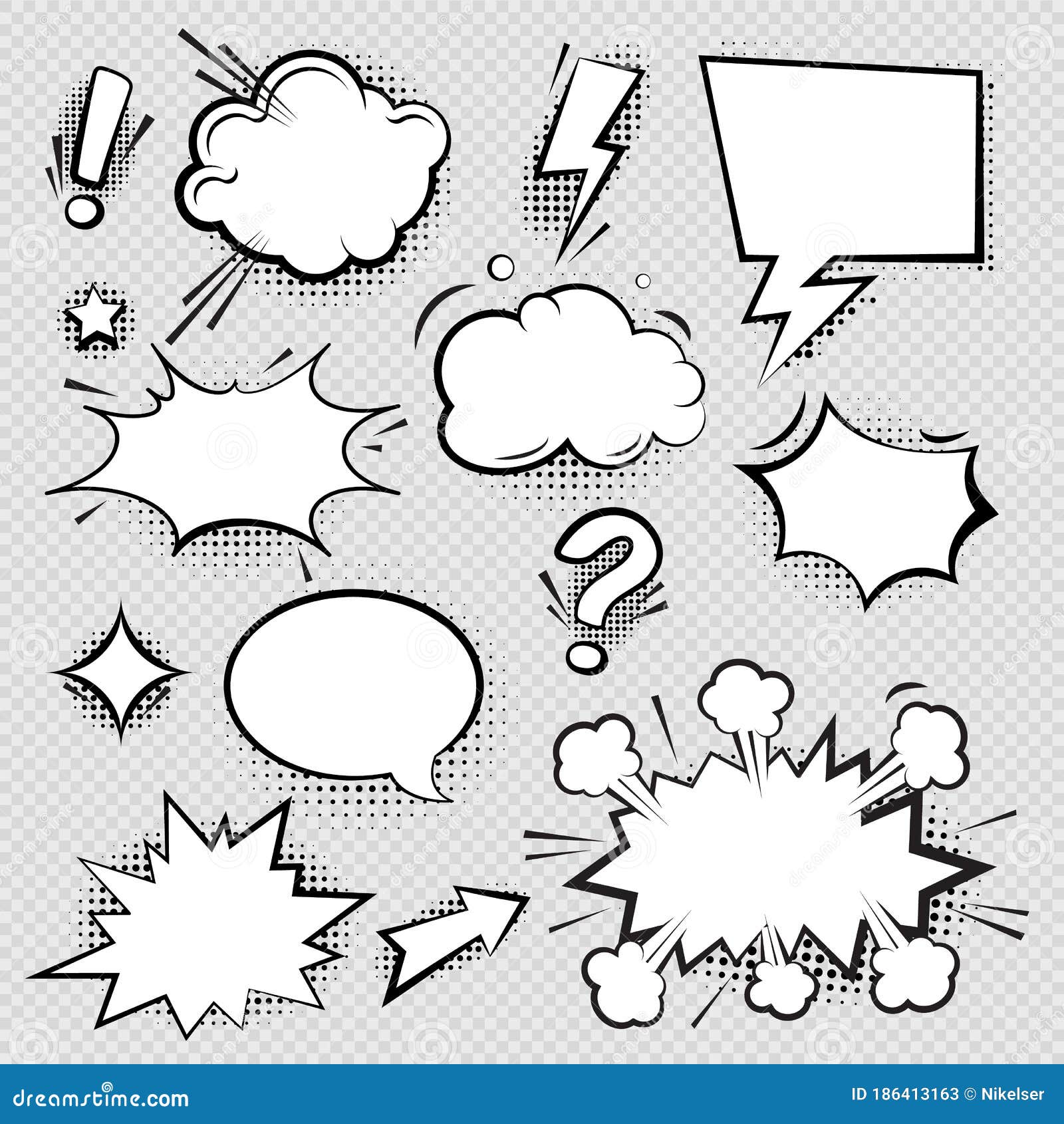 set of comic speech bubbles and s with halftone shadow effect in transparent background. comic bubble collection