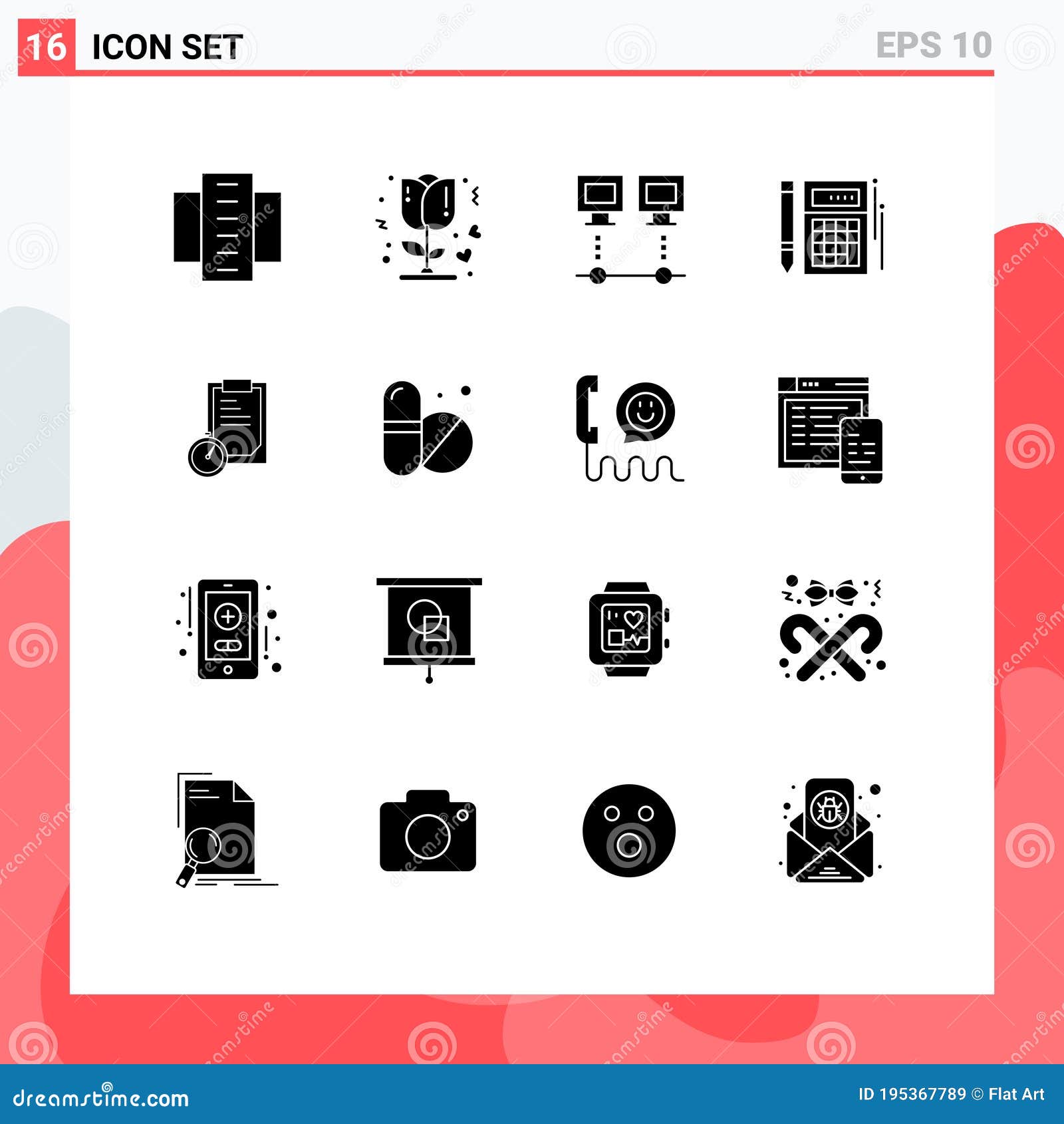 set of 16 commercial solid glyphs pack for financial, calc, romantic, budget, net