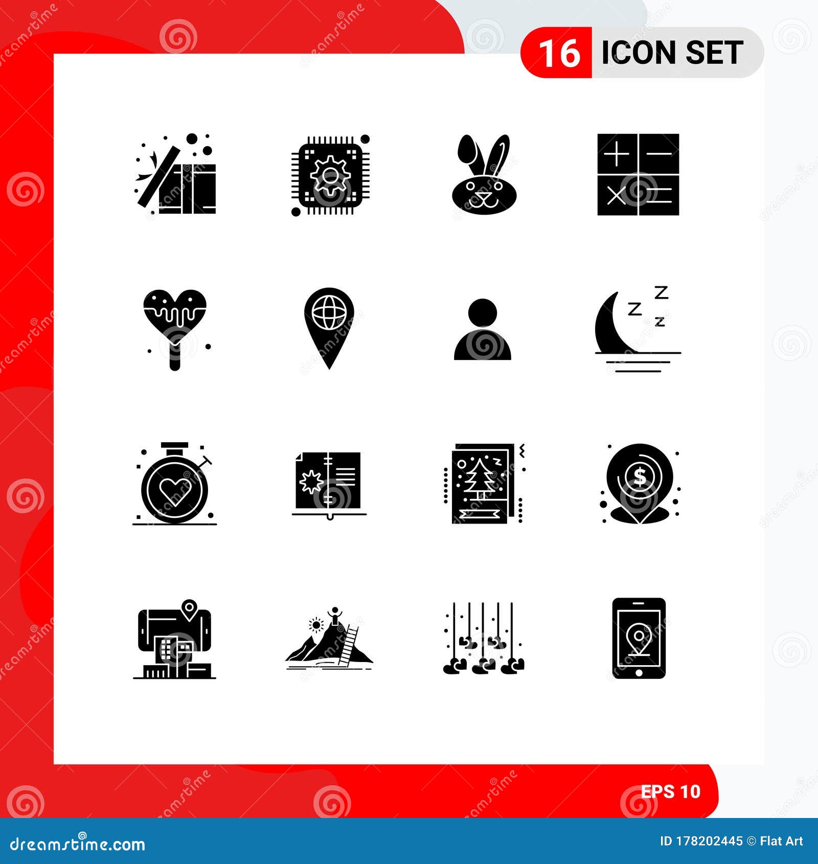 set of 16 commercial solid glyphs pack for sweets, ice cream, web, mini, calculator