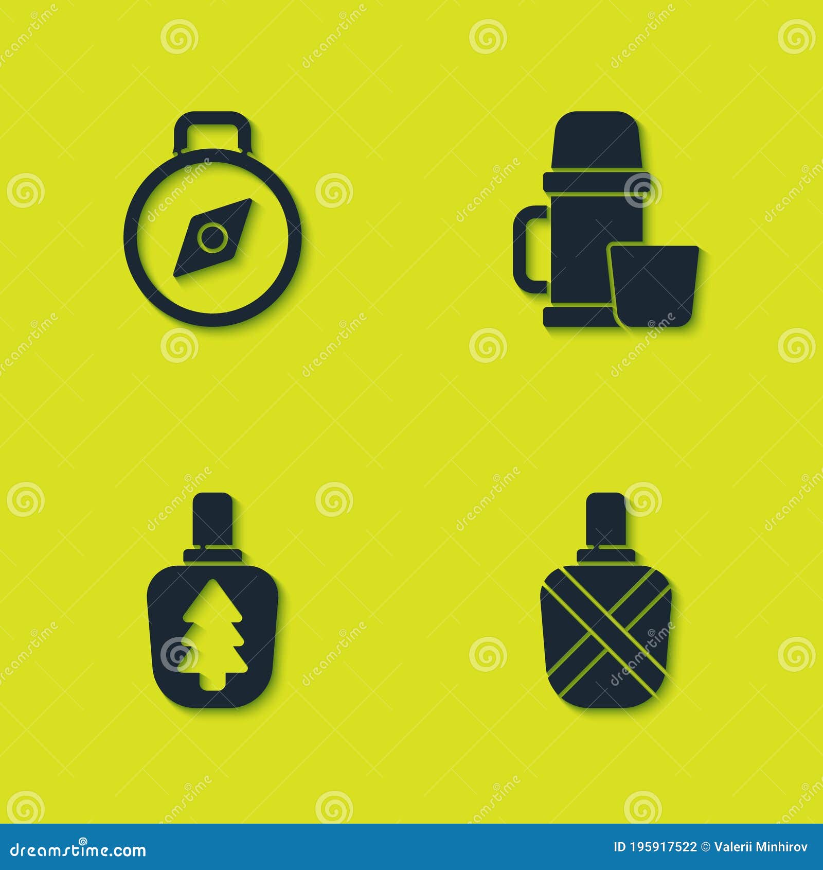 Set Compass, Canteen Water Bottle, and Thermos Container and Cup Icon. Vector Stock Vector