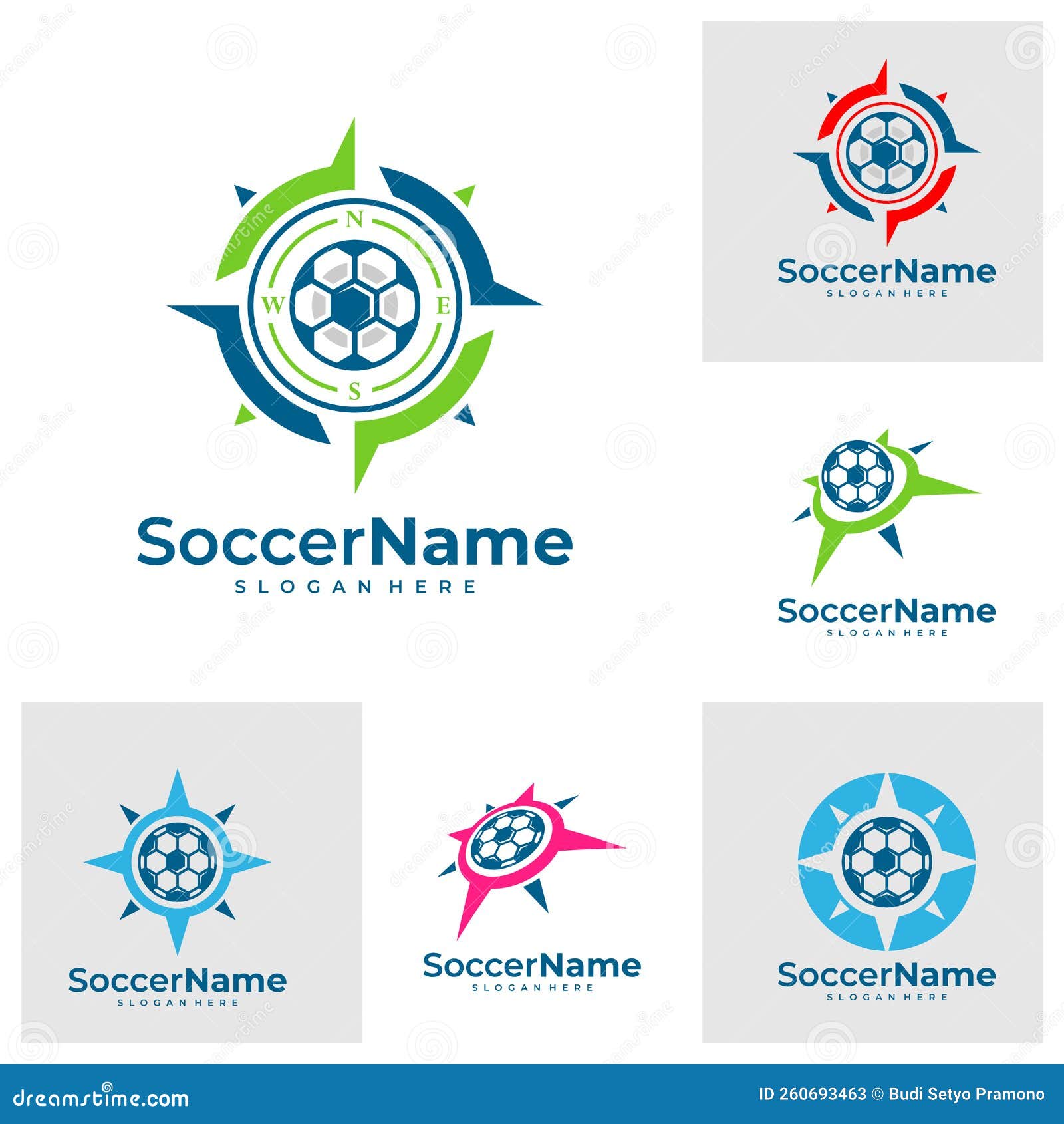 Set of Compass Soccer Logo Template, Football Logo Design Vector Stock Illustration