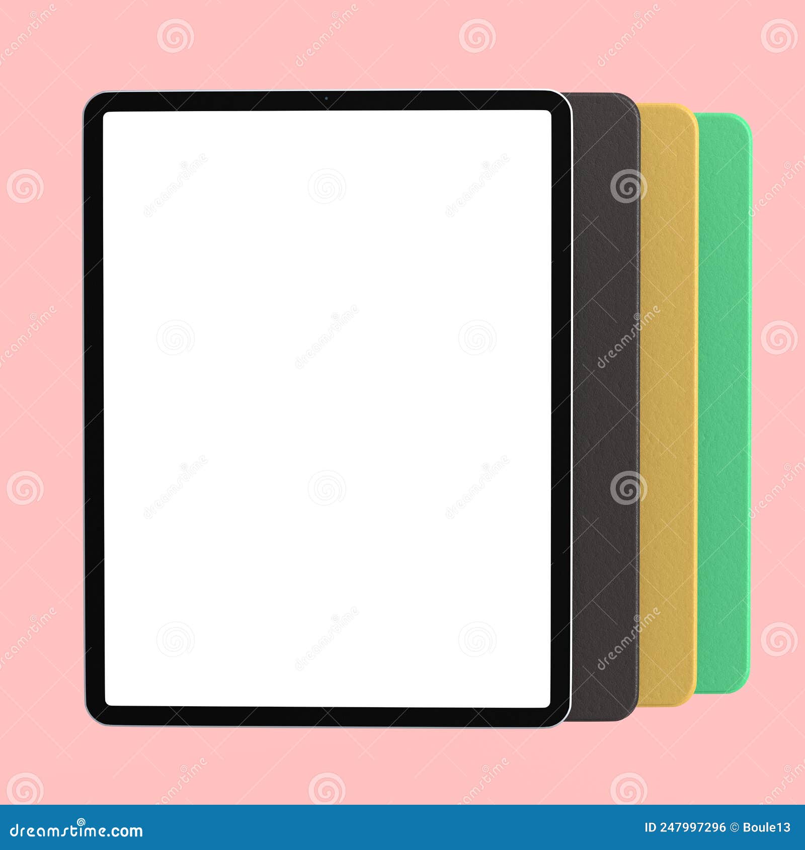 Set of Computer Tablets with Cover Case and Blank Screen Isolated on