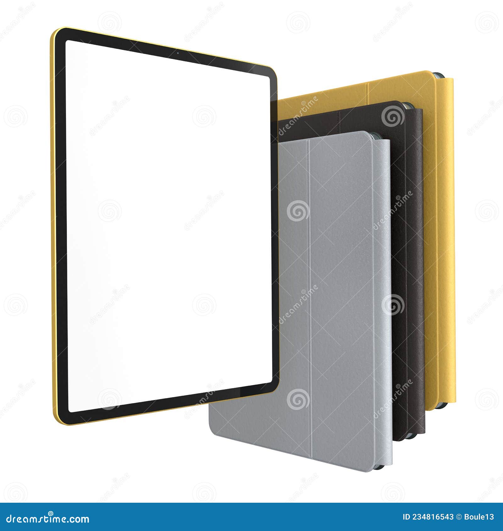 Set of Computer Tablets with Cover Case and Blank Screen Isolated on
