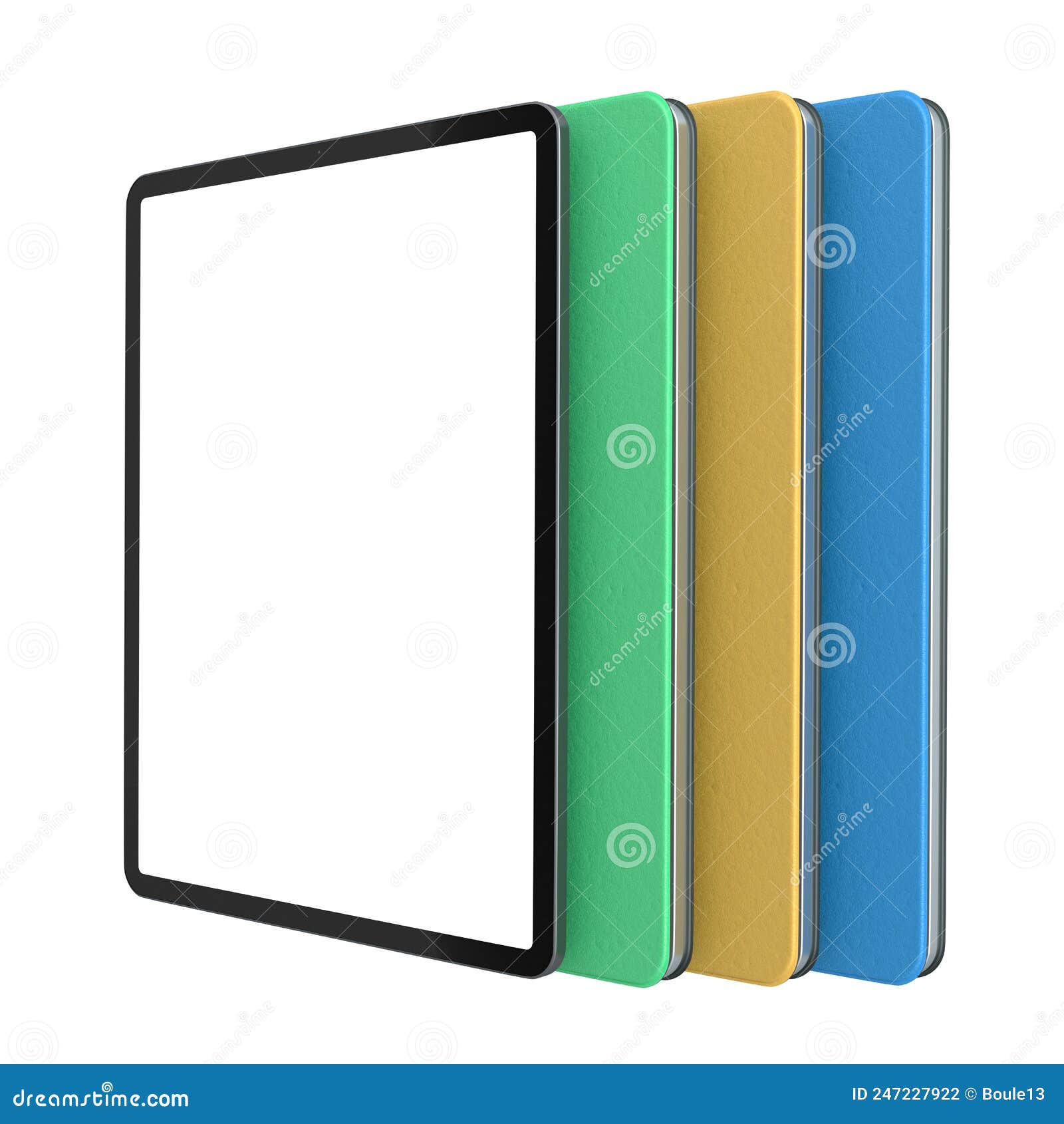 Set of Computer Tablets with Cover Case and Blank Screen Isolated on