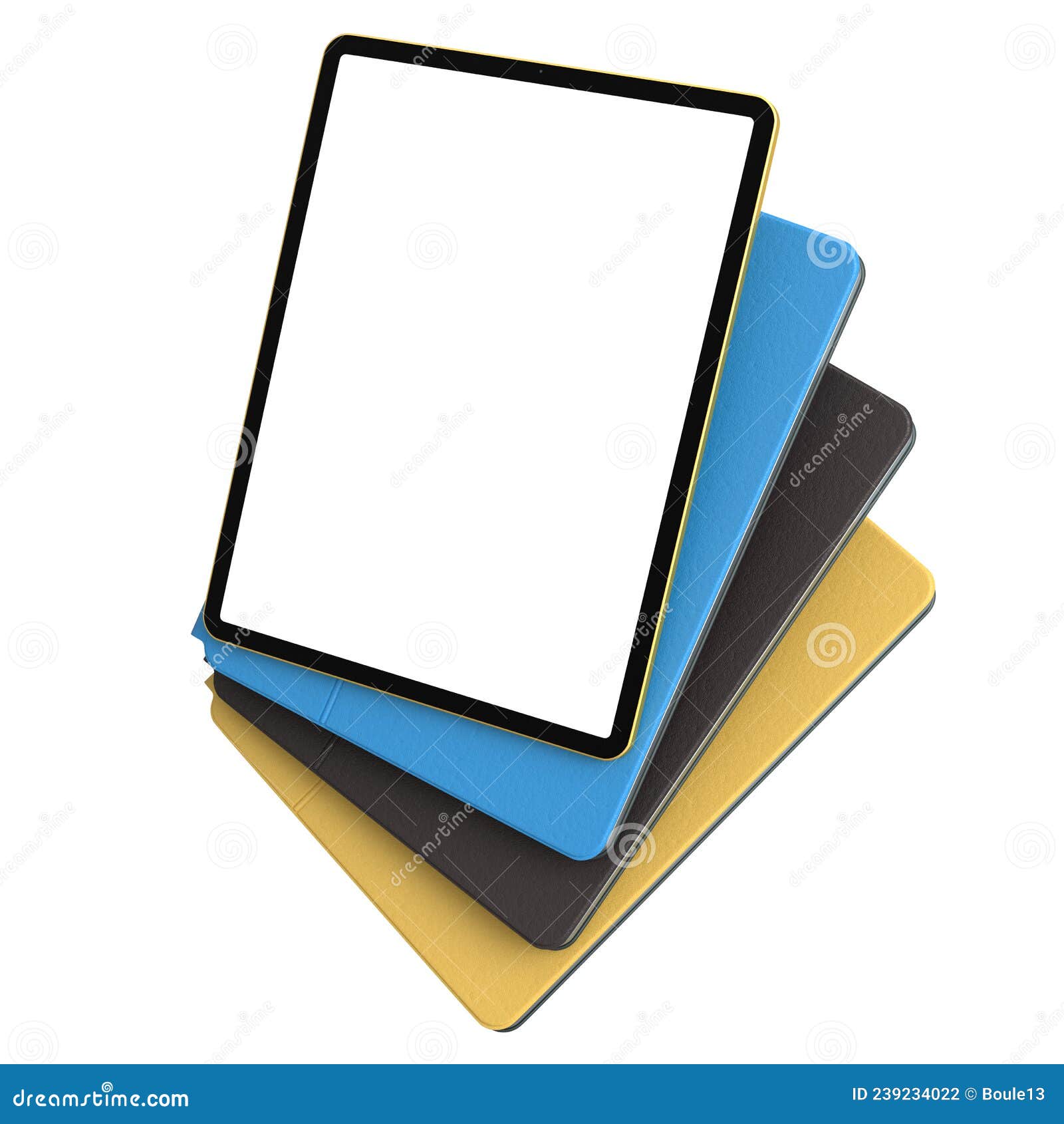 Set of Computer Tablets with Cover Case and Blank Screen Isolated on