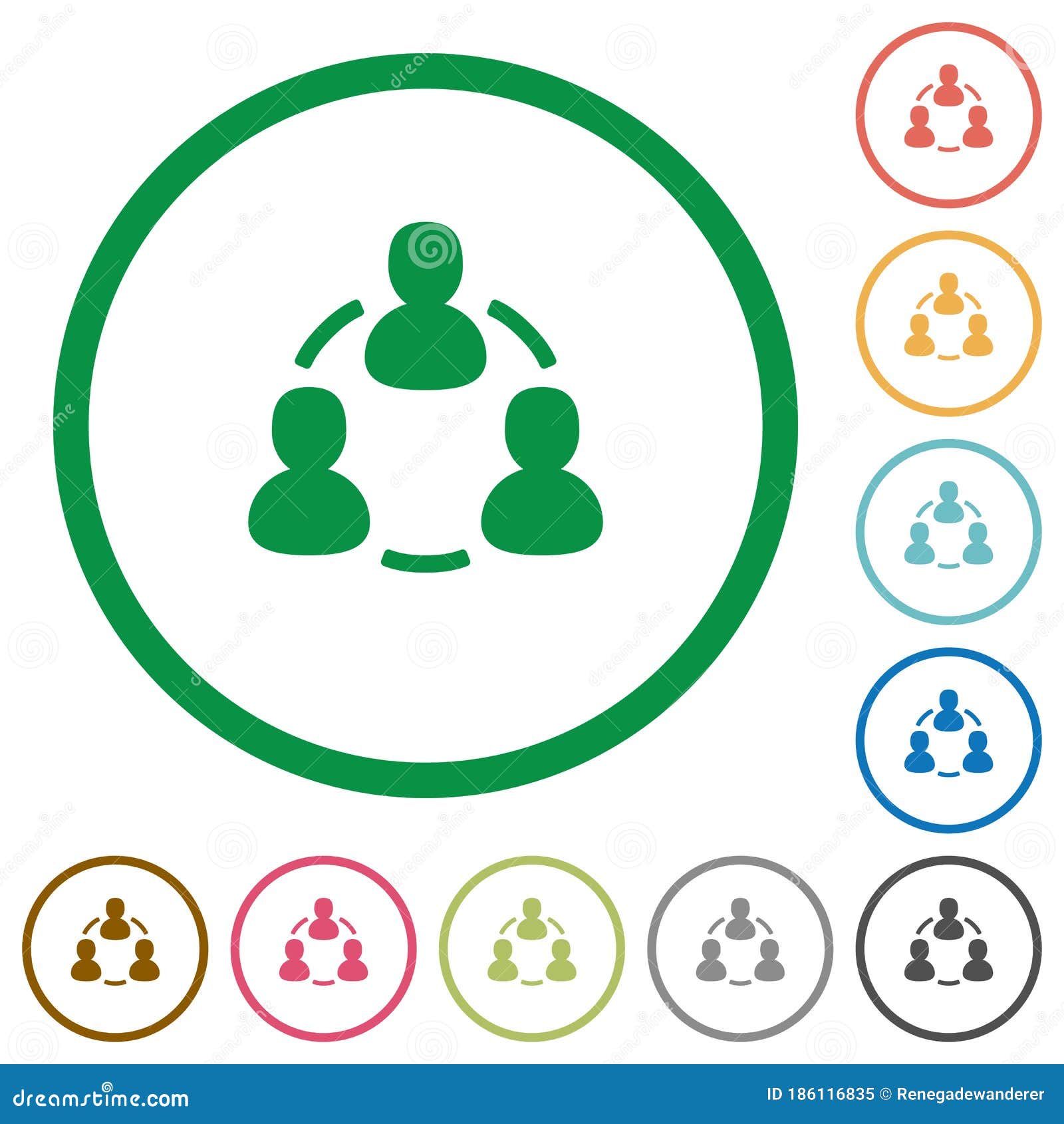 Set of Connected Users Round Outlined Flat Icons on White Background