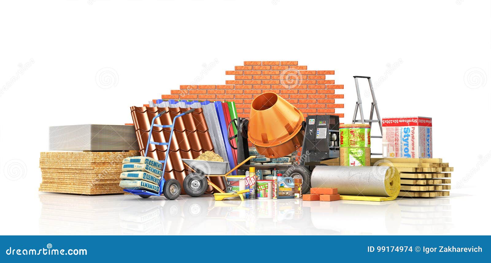 set of construction materials and tools