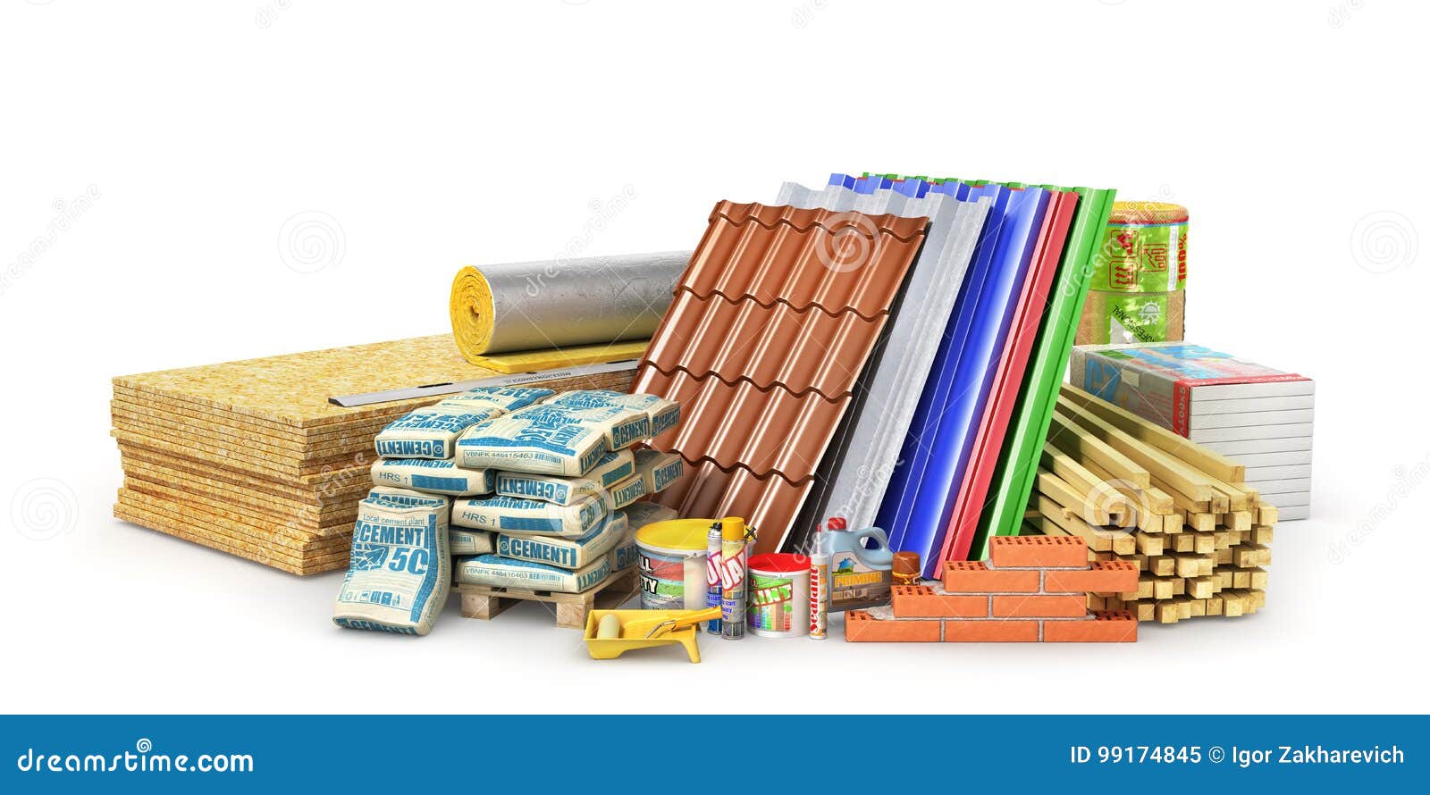 set of construction materials and tools  on a white background.