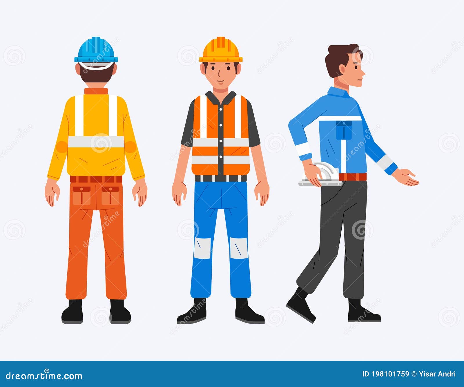 Set of Construction Worker Man Character with Multiple Sides Wearing