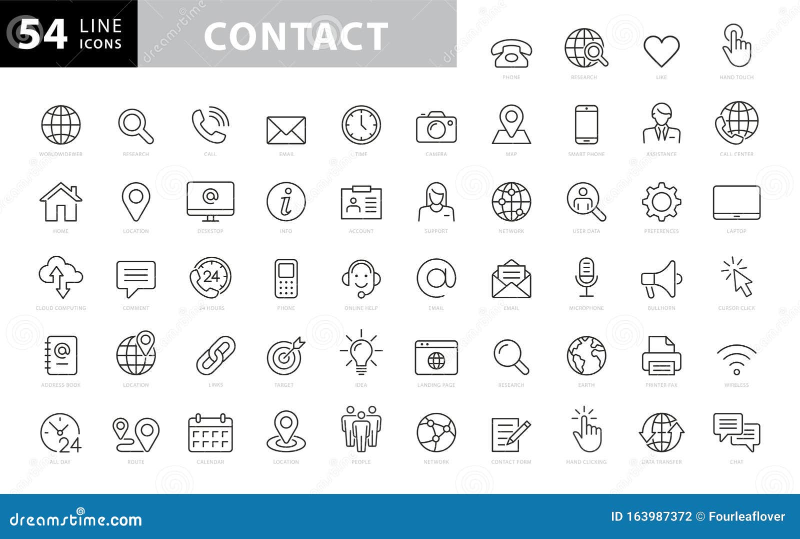 set of 54 contact us web icons in line style.