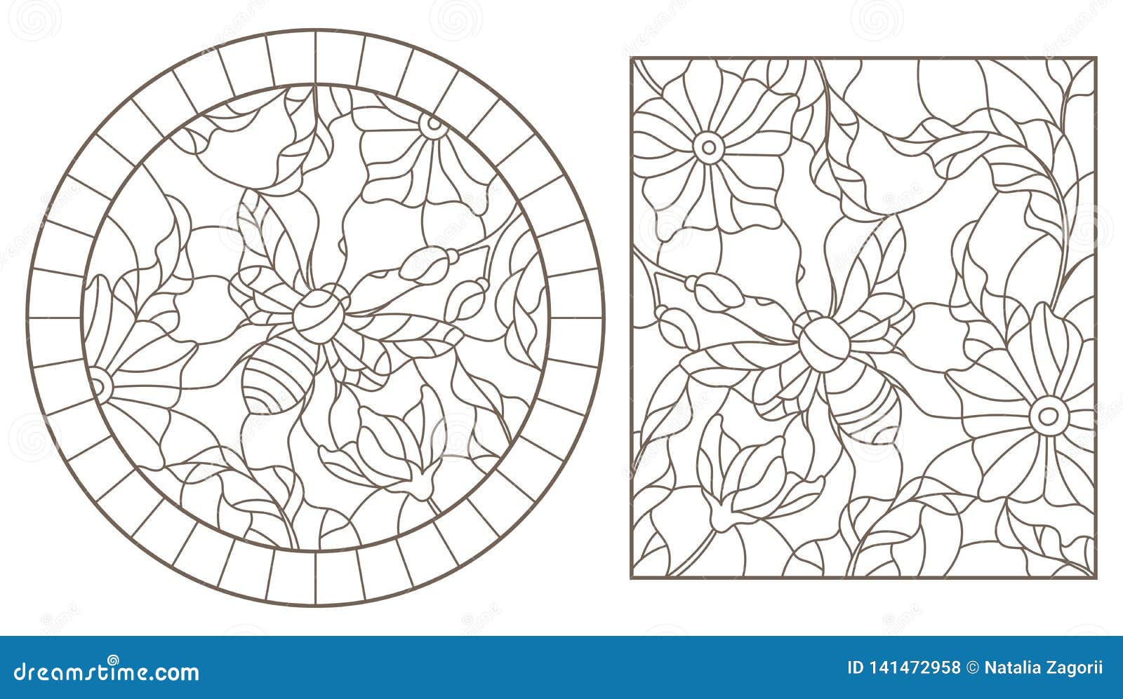 contour set with s of stained glass windows with bees and flowers, round and rectangular images