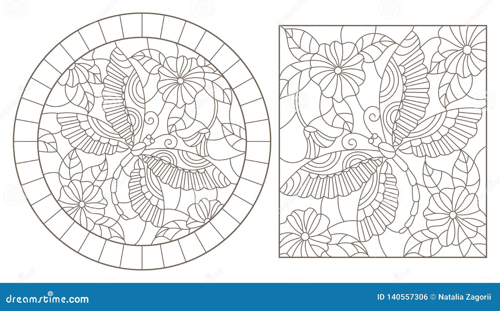 contour set with s of stained glass windows with dragonflys and flowers, round and rectangular images