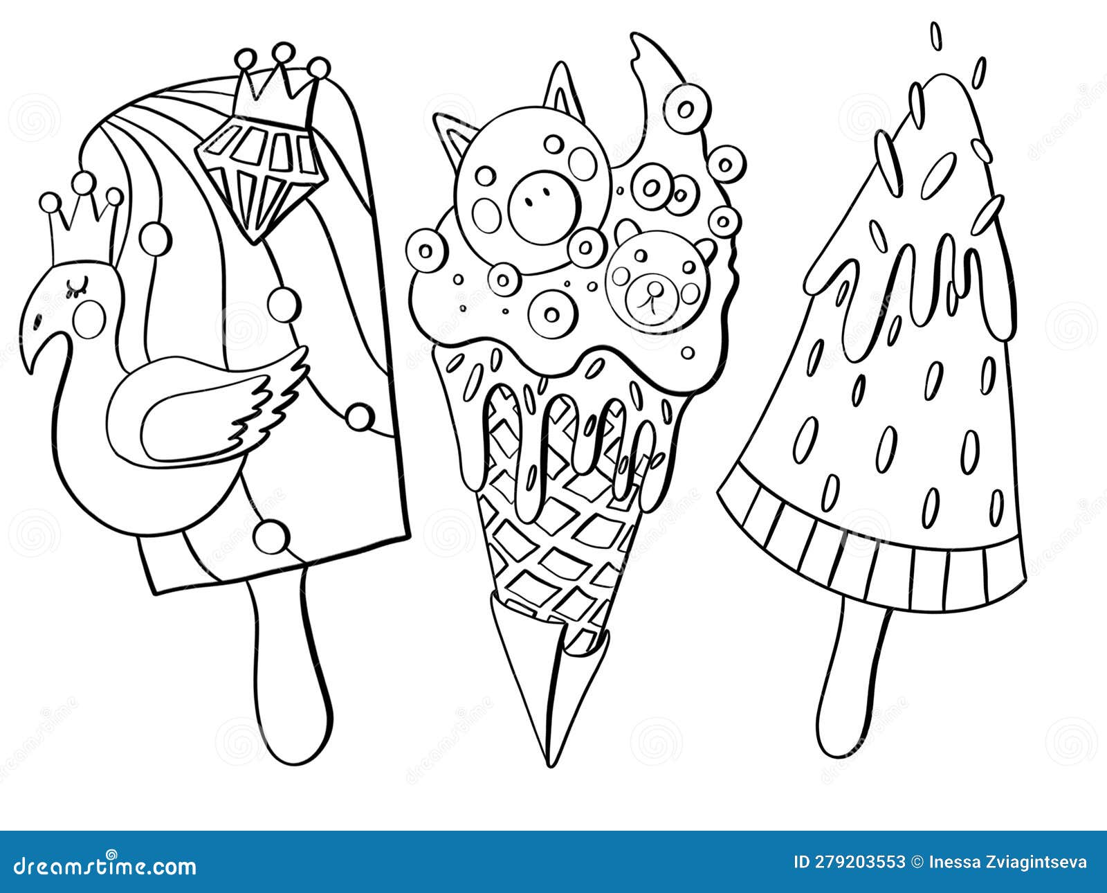 set contour line  sketch cartoon style food ice cream   for coloring book cover print stickers and media